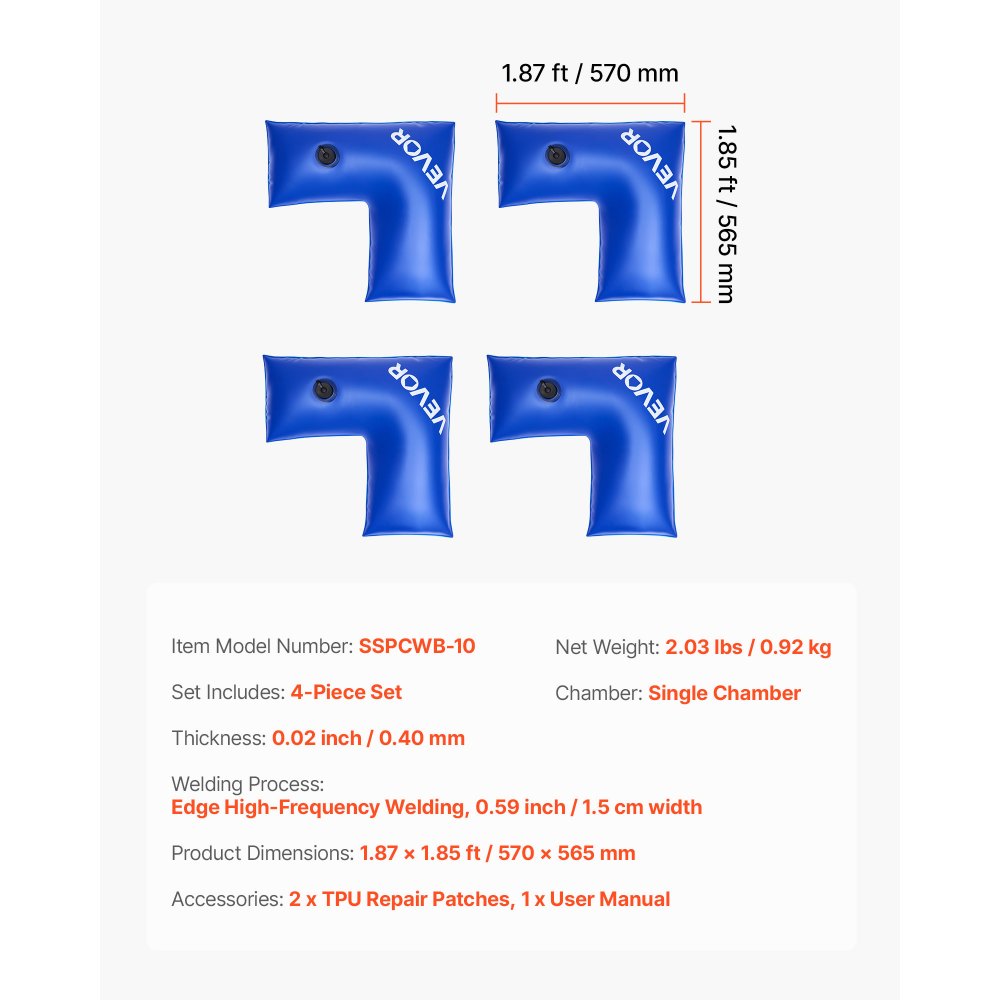 VEVOR Hoekwaterzak, 6 stuks 570 x 565 mm, 0,4 mm dikke PVC-zakken met lekvrije schroefdop, zwembadgewichtzak voor het vastzetten van zwembadafdekkingen in de winter, blauw