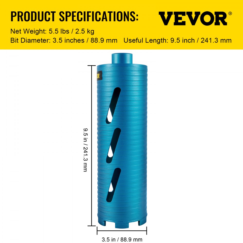 VEVOR Droge kernboor, 3,5"/88,9 mm diameter, 5/8"-11 draad, 9,5"/241,3 mm diepte, diamantboorgereedschap met geleideboor en 4,5" blad, gatenzaagbits voor metselwerk
