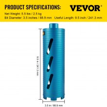 VEVOR Dry Core Drill Bit, 3.5\" / 88.9 mm Diameter 5/8\"-11 Threaded, 9.5\" / 241.3mm Depth Diamond Coring Bore Tool with a Pilot Bit & 4.5\" Blade, Masonry Hole Saw Bits for Hard Concrete Brick and B