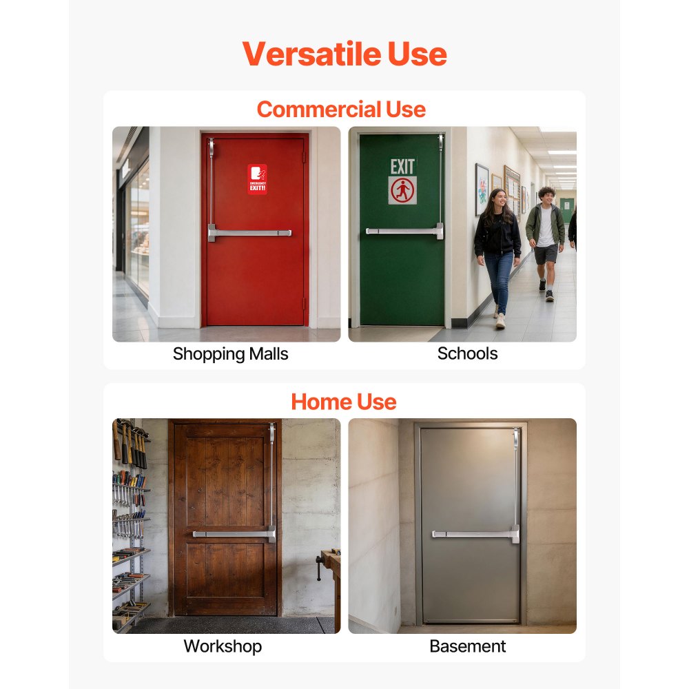 VEVOR paniekstangen voor nooduitgangen 711 mm, roestvrijstalen deurklink voor nooduitgangen, deurbeslag met verticale stang en sticker, voor houten/metalen deuren van 71-104 cm breed, zilver