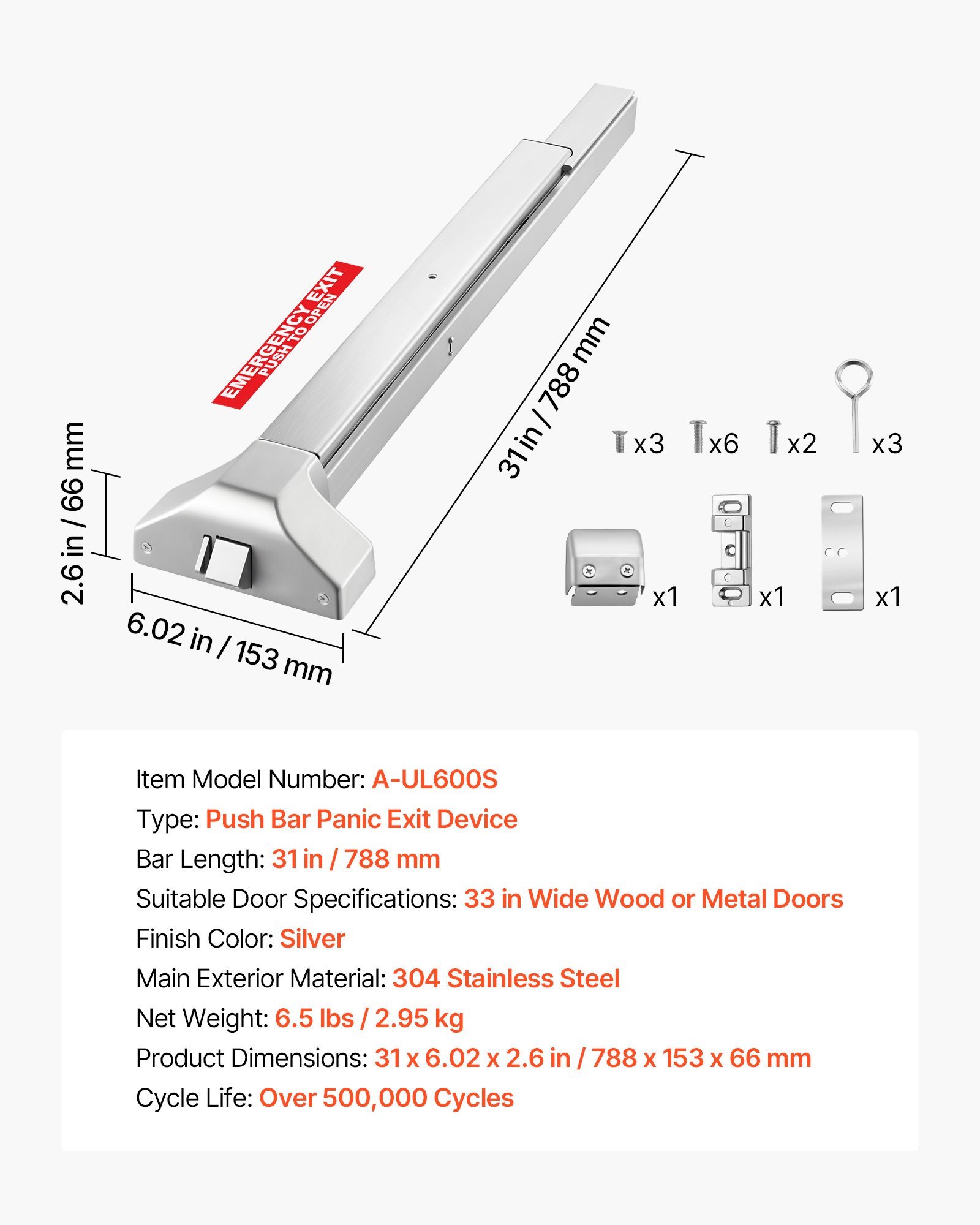 VEVOR paniekstang voor nooduitgangen, 788 mm, nooduitgangstang, beslag voor nooduitgangdeuren met dubbele vergrendelingsbout en sticker, voor houten of metalen deuren van 79–117 cm breed, zilver