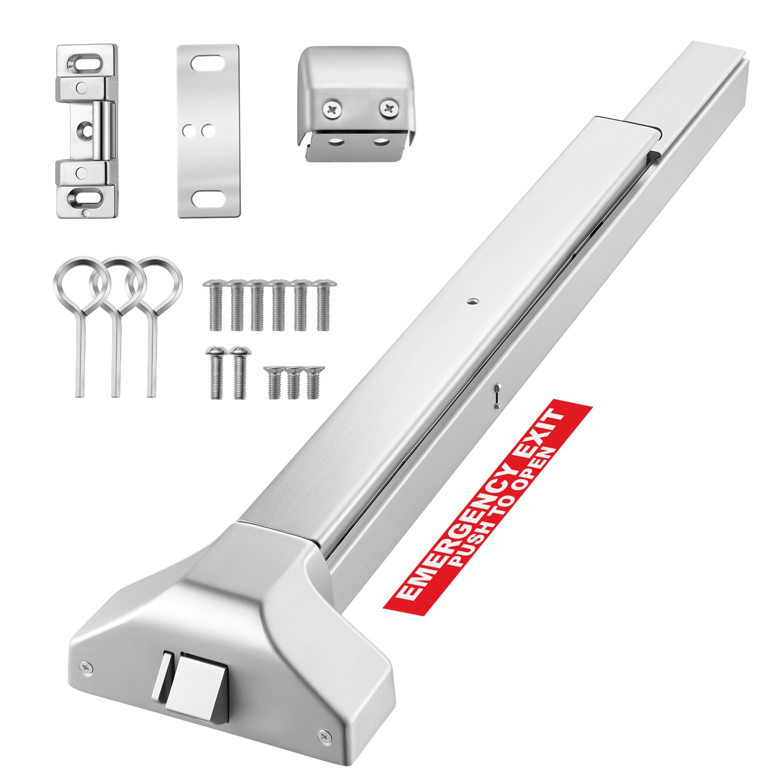 VEVOR paniekstang voor nooduitgangen, 788 mm, nooduitgangstang, beslag voor nooduitgangdeuren met dubbele vergrendelingsbout en sticker, voor houten of metalen deuren van 79–117 cm breed, zilver
