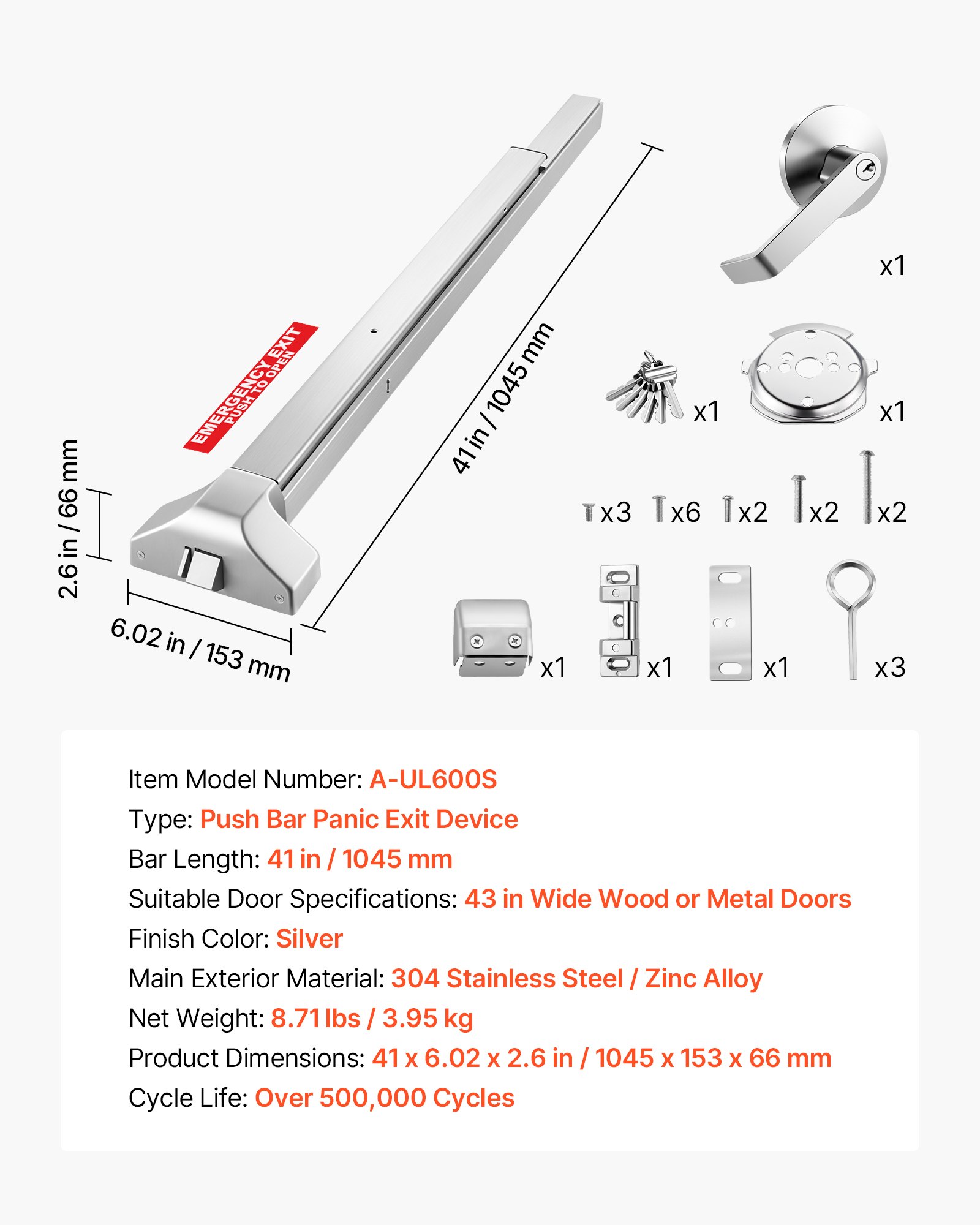 VEVOR paniekstang 1045 mm, nooduitgangstang voor nooduitgangdeuren, nooduitgangdeurbeslag met externe hendel en 6 sleutels, voor houten of metalen deuren van 104 tot 155 cm breed, zilverkleurig