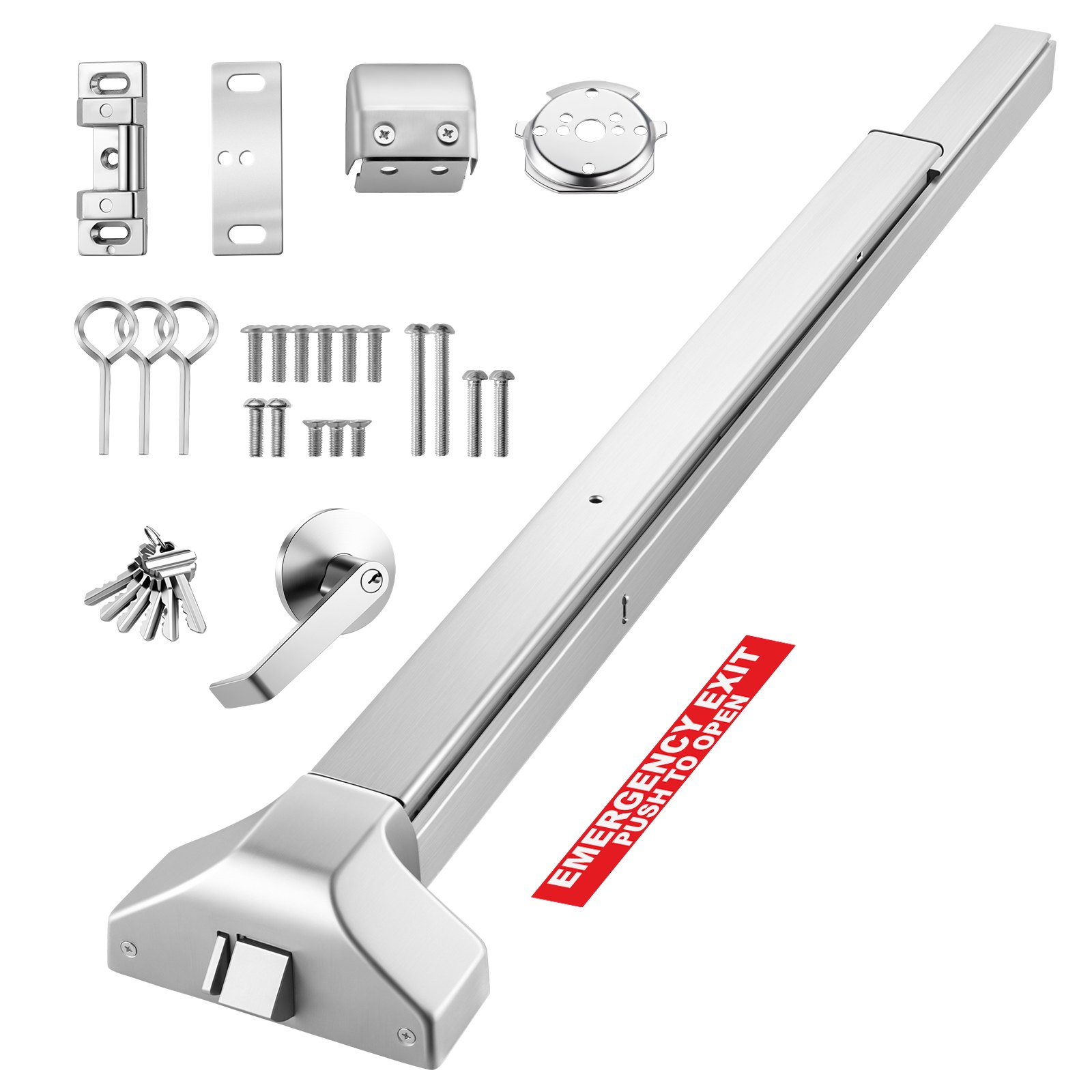 VEVOR paniekstang 1045 mm, nooduitgangstang voor nooduitgangdeuren, nooduitgangdeurbeslag met externe hendel en 6 sleutels, voor houten of metalen deuren van 104 tot 155 cm breed, zilverkleurig