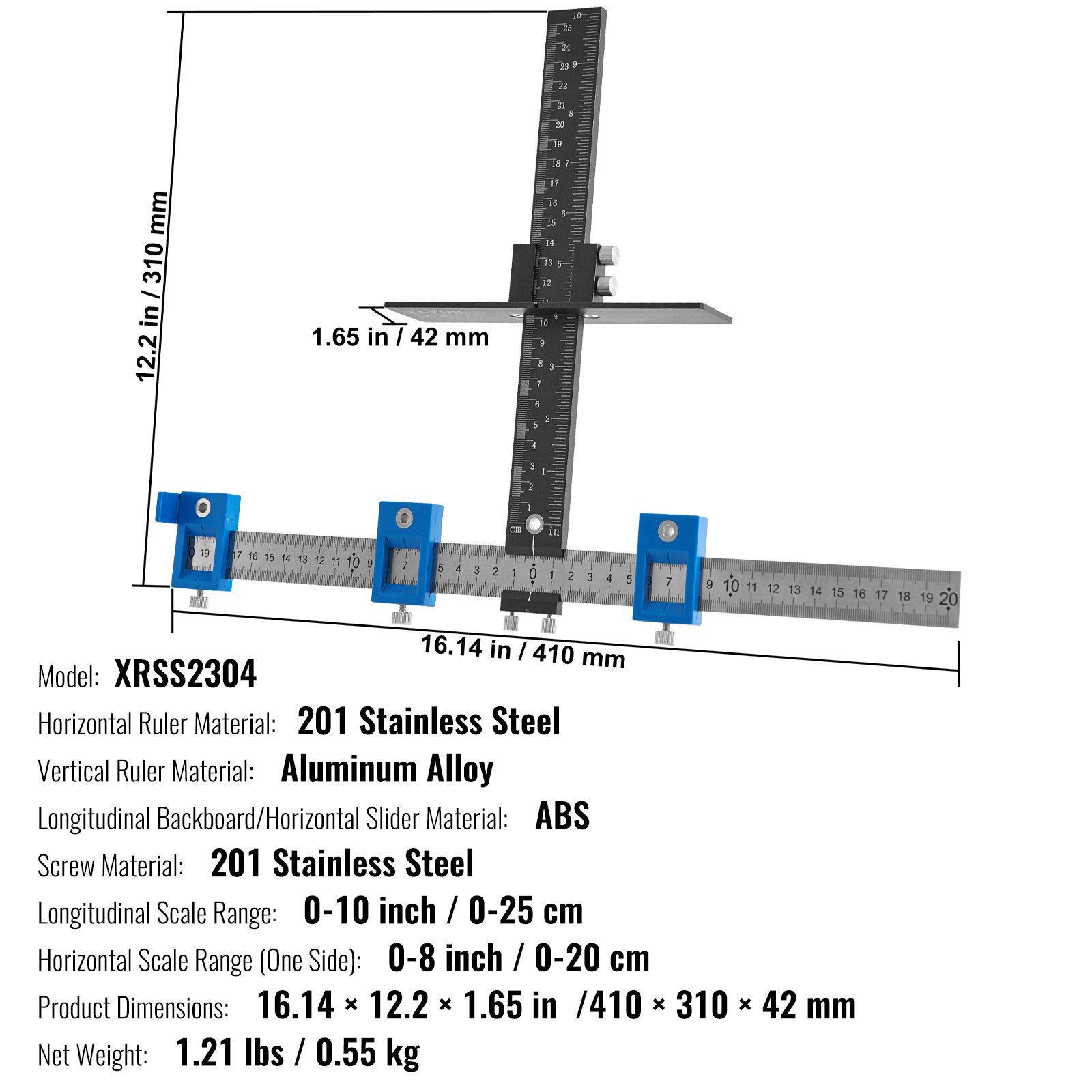 VEVOR Kastbeslagmal Verstelbare ponszoeker 0-25 cm verticaal, Kastbeslagmal 0-20 cm horizontaal Boorgeleider Ponszoeker Aluminiumlegering + roestvrij staal Boorponszoeker