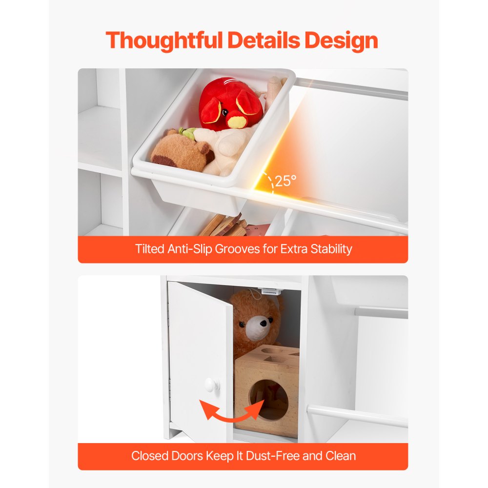 VEVOR Kids Toy Storage and Bookshelf, 4-Tier Large Toy Storage Organizer with 8 Flexible Plastic Bins, Kids Cubby Cabinet with Bookshelf for Study Room, Bedroom, Playroom, Classroom, Nursery, White