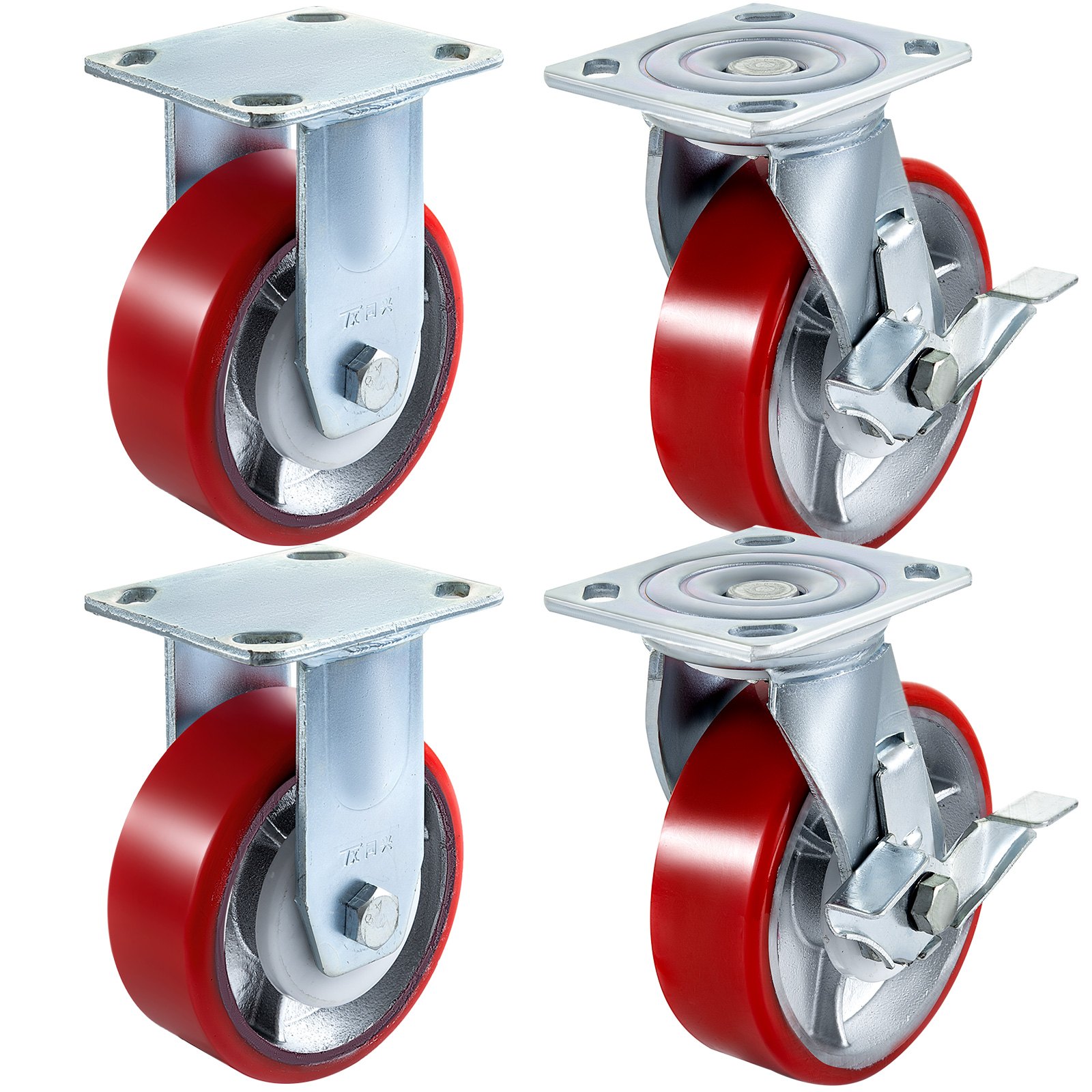 VEVOR 4-pack zwenkwielen 6 x 2 inch, 2 starre en 2 zwenkwielen met zijrem, polyurethaan ijzeren kernplaat, draagvermogen van 1000 lbs per wiel
