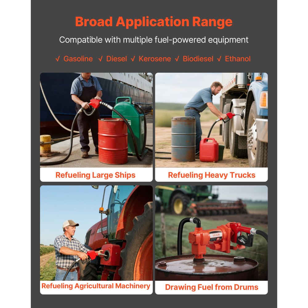 VEVOR brandstofovervoerpomp, 230V AC, elektrische dieselovervoerpomp, 57 l/min, met automatische brandstofafsluiting, afvoerslang, voor benzine, kerosine, biodiesel en ethanolmengsel.