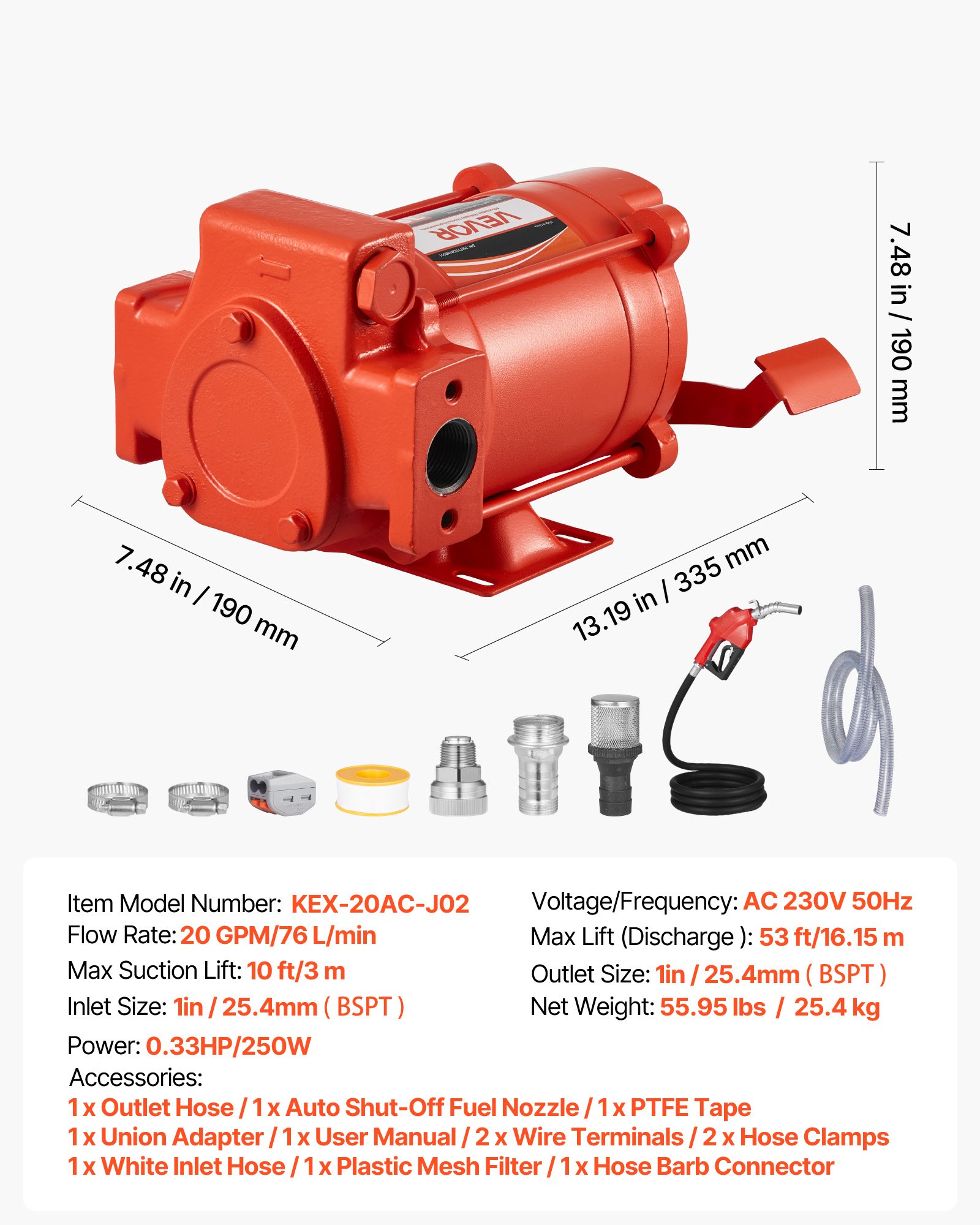 VEVOR brandstofovervoerpomp, 230V AC, elektrische dieselovervoerpomp, 76 l/min, met automatische brandstofafsluiting, afvoerslang, voor benzine, kerosine, biodiesel en ethanolmengsel.