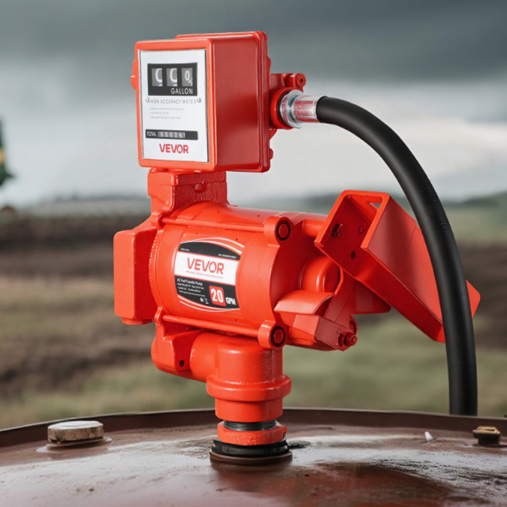 VEVOR brandstofovervoerpomp, 230 V wisselstroom, dieselovervoerpomp, 76 l/min, met debietmeter, automatische brandstofmondstukafsluiting, afvoerslang, voor benzine, kerosine, biodiesel, ethanol