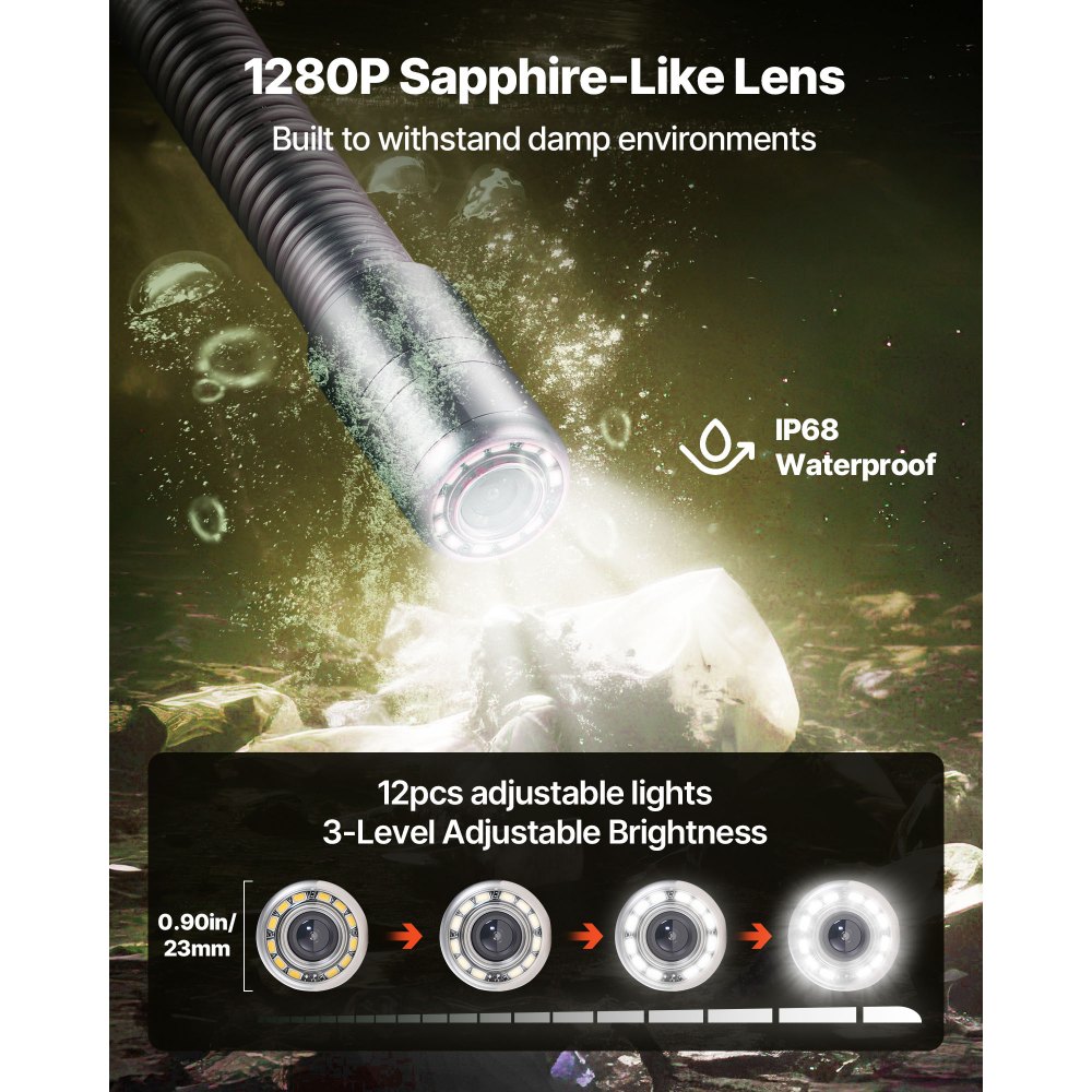 VEVOR rioolcamera, 50 m, zelfnivellerende buiscamera met 4,3-inch HD-scherm, IP68 waterdicht, met verlichting (12 LED's en 16 GB geheugenkaart) voor rioolleidingen en -buizen.