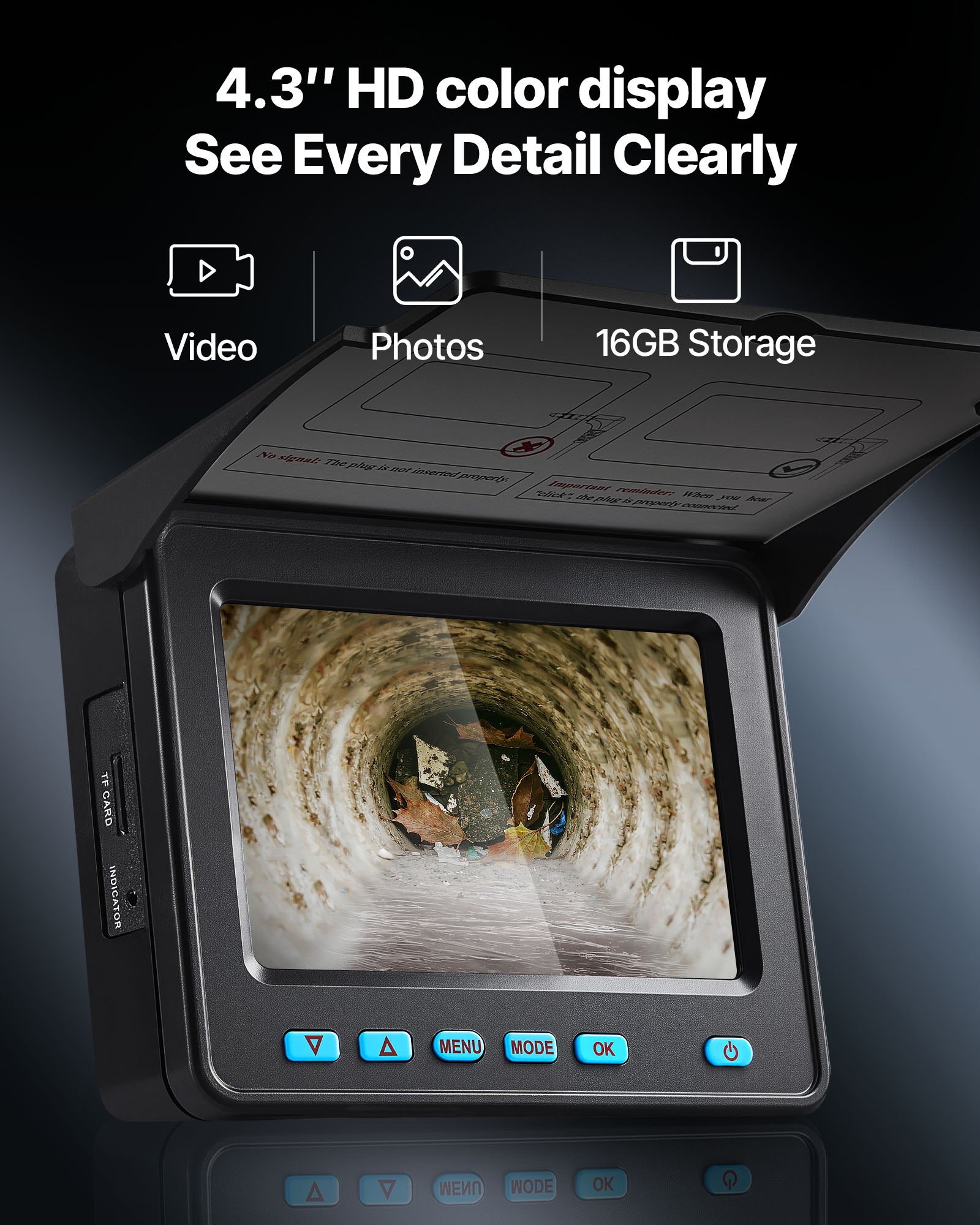 VEVOR rioolcamera, 50 m, zelfnivellerende buiscamera met 4,3-inch HD-scherm, IP68 waterdicht, met verlichting (12 LED's en 16 GB geheugenkaart) voor rioolleidingen en -buizen.