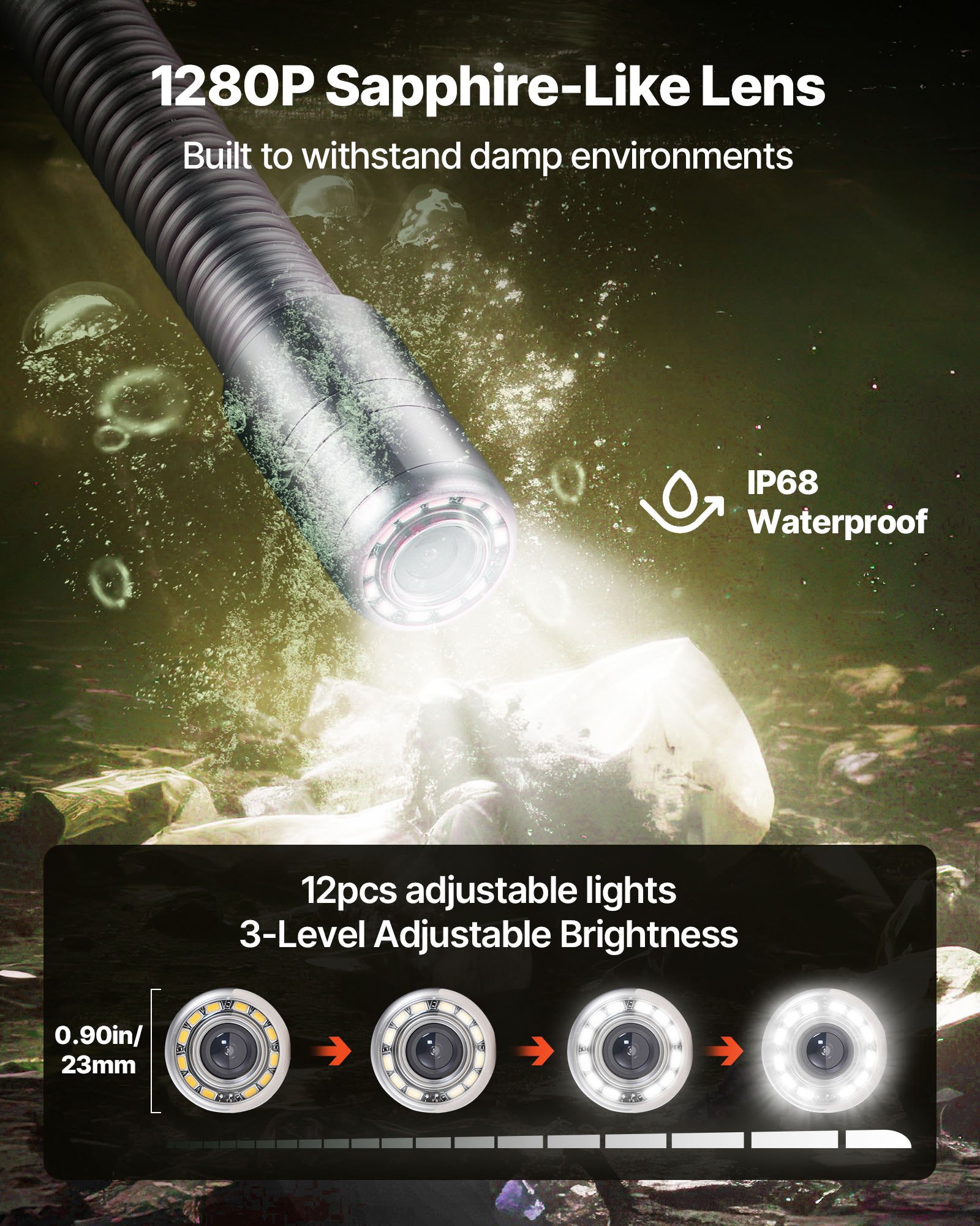 VEVOR rioolcamera, 50 m, zelfnivellerende buiscamera met 4,3-inch HD-scherm, IP68 waterdicht, met verlichting (12 LED's en 16 GB geheugenkaart) voor rioolleidingen en -buizen.