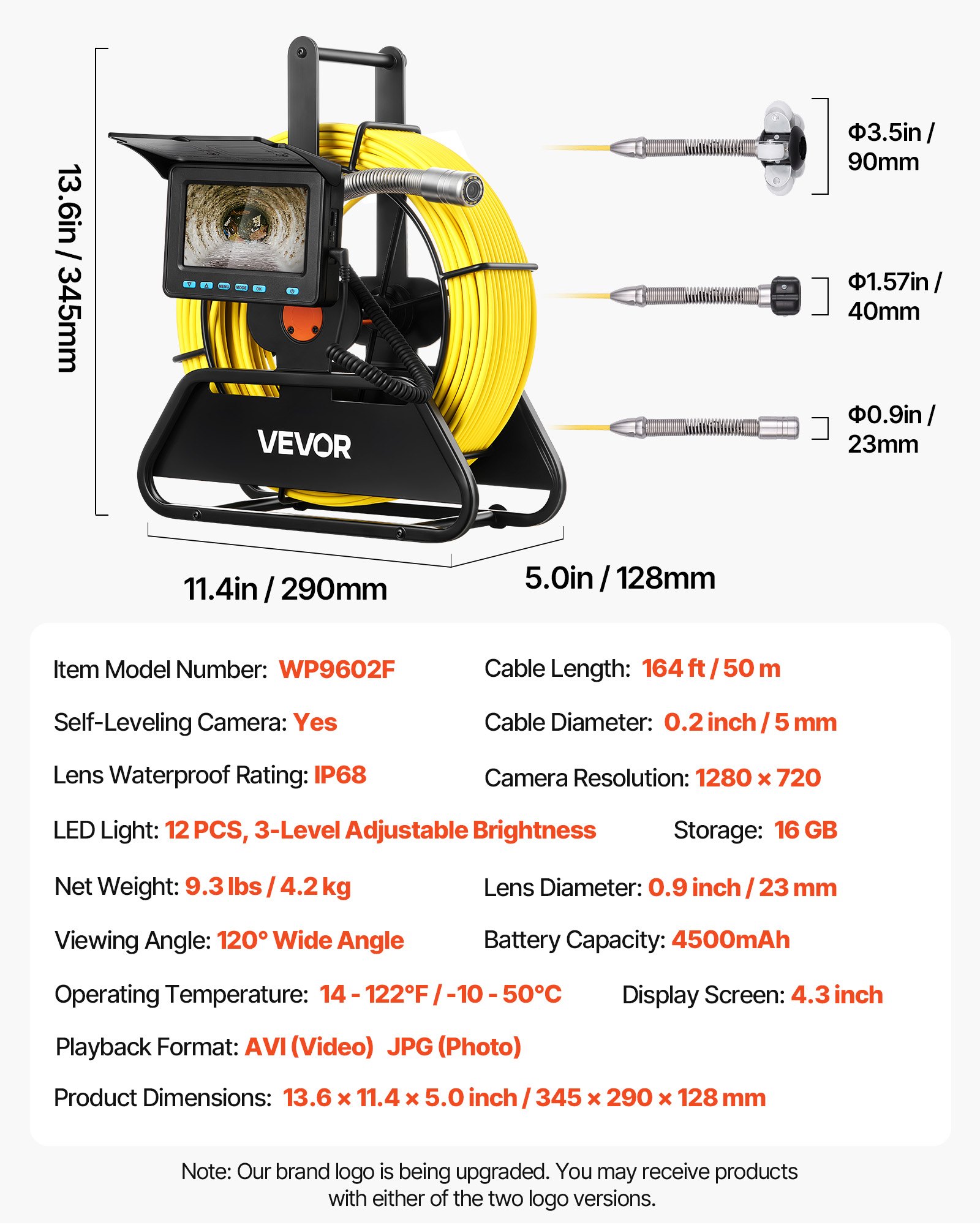 VEVOR rioolcamera, 50 m, zelfnivellerende buiscamera met 4,3-inch HD-scherm, IP68 waterdicht, met verlichting (12 LED's en 16 GB geheugenkaart) voor rioolleidingen en -buizen.