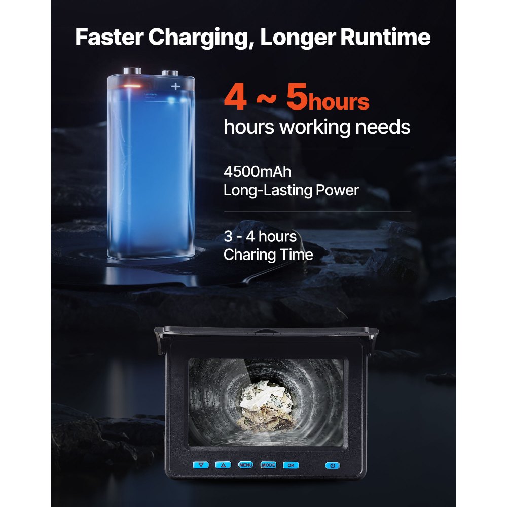 VEVOR rioolcamera, bereik van 50 meter, inspectiecamera, IP68 waterdichte pijpcamera met verlichting – 6 verstelbare LED's, 4500mAh batterij en 16GB geheugenkaart voor rioolleidingen en -buizen.