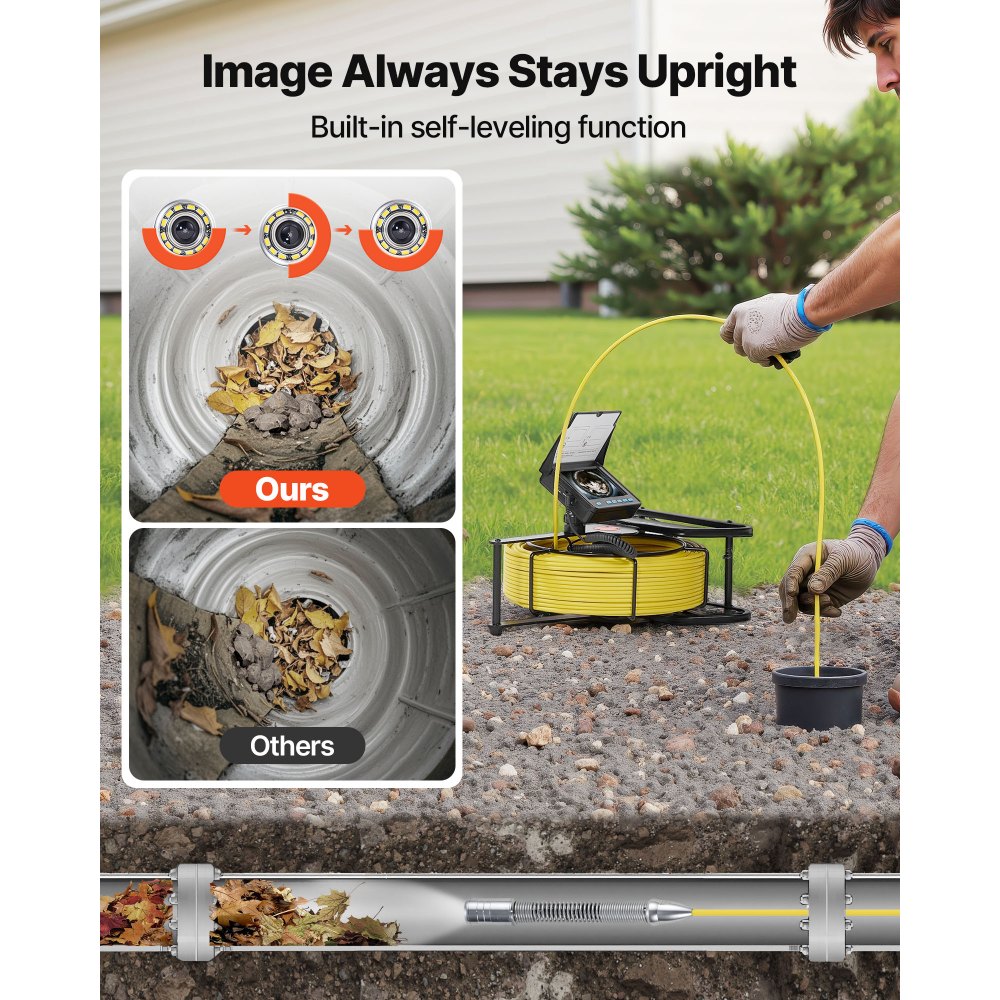 VEVOR rioolcamera, 30 m, zelfnivellerende pijpcamera met 4,3 inch HD-display, waterdicht (IP68) inspectiecamera met verlichting (12 LED's en 16 GB geheugenkaart) voor rioolleidingen en -buizen.