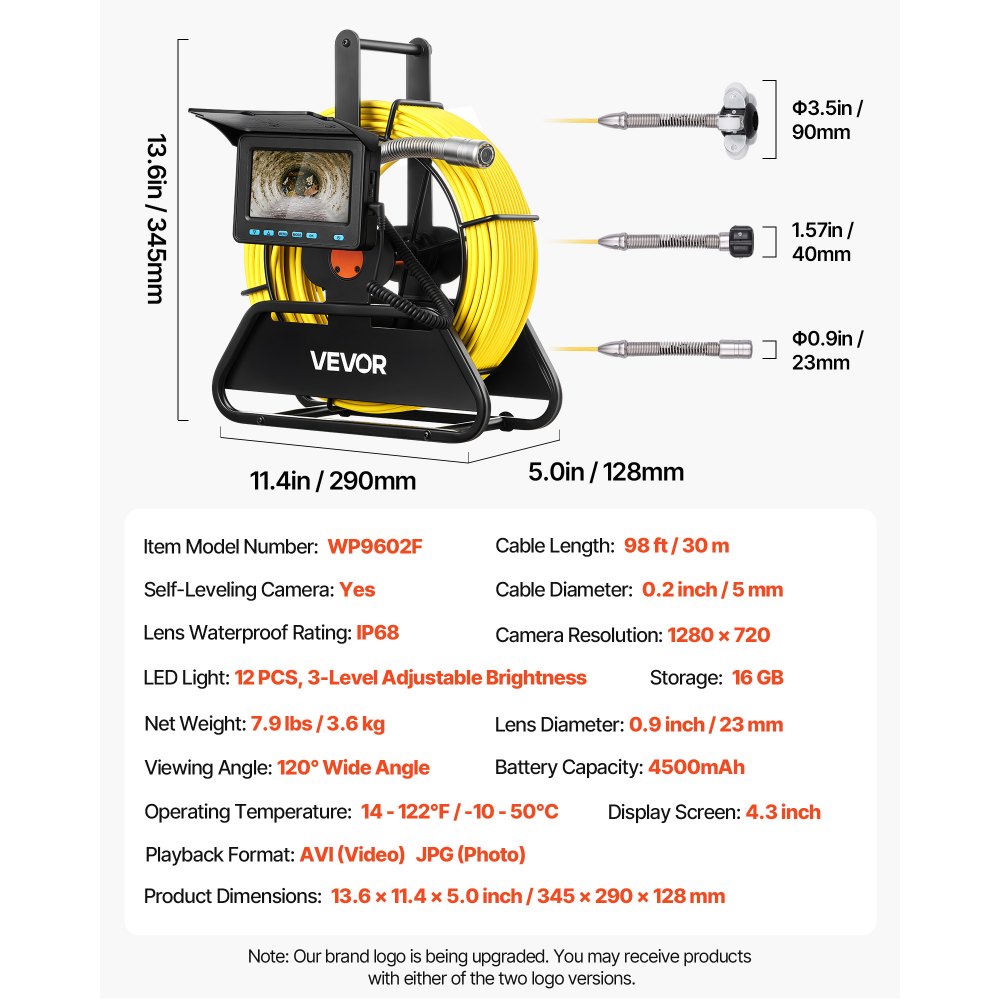 VEVOR rioolcamera, 30 m, zelfnivellerende pijpcamera met 4,3 inch HD-display, waterdicht (IP68) inspectiecamera met verlichting (12 LED's en 16 GB geheugenkaart) voor rioolleidingen en -buizen.