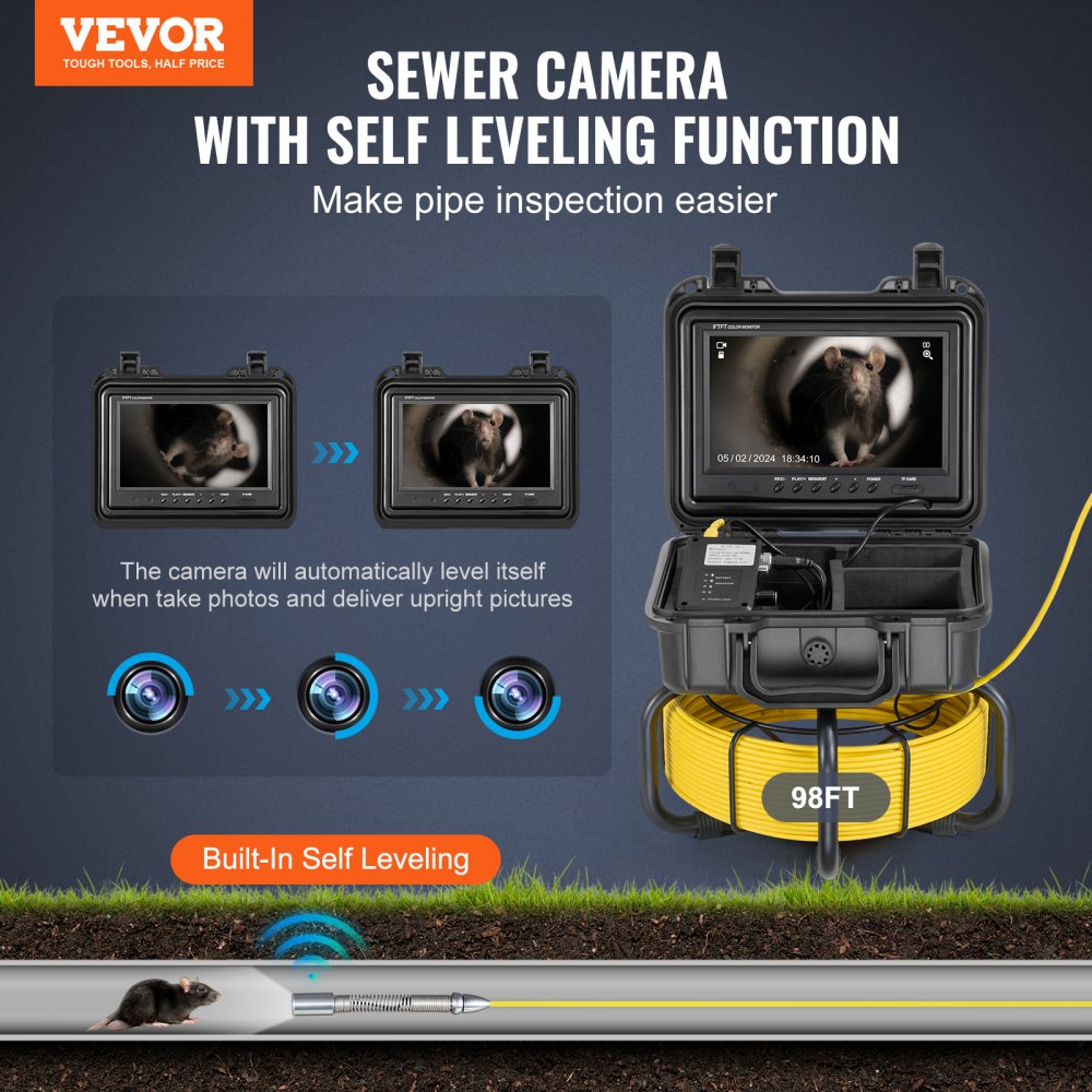 VEVOR Rioolcamera, 30 m zelfnivellerende buisinspectiecamera met 9 inch 1080P HD-scherm, 36x zoom, IP68 waterdichte buiscamera met 12 LED-lampjes, 32 GB kaart-endoscoop voor rioolbuizen