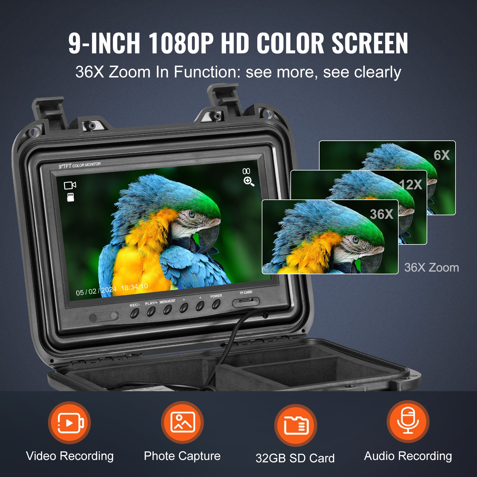 VEVOR Rioolcamera, 30 m zelfnivellerende buisinspectiecamera met 9 inch 1080P HD-scherm, 36x zoom, IP68 waterdichte buiscamera met 12 LED-lampjes, 32 GB kaart-endoscoop voor rioolbuizen