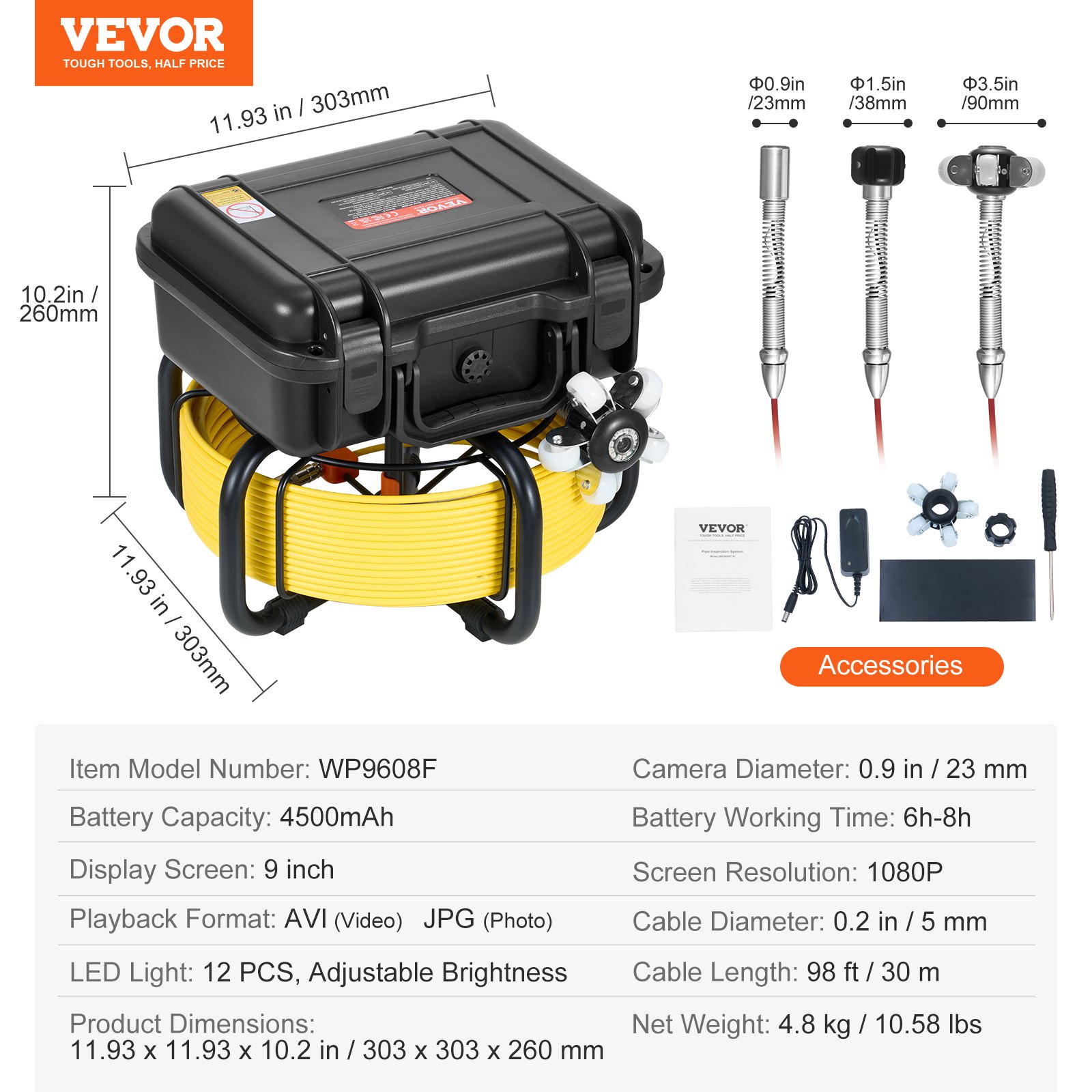 VEVOR Rioolcamera, 30 m zelfnivellerende buisinspectiecamera met 9 inch 1080P HD-scherm, 36x zoom, IP68 waterdichte buiscamera met 12 LED-lampjes, 32 GB kaart-endoscoop voor rioolbuizen