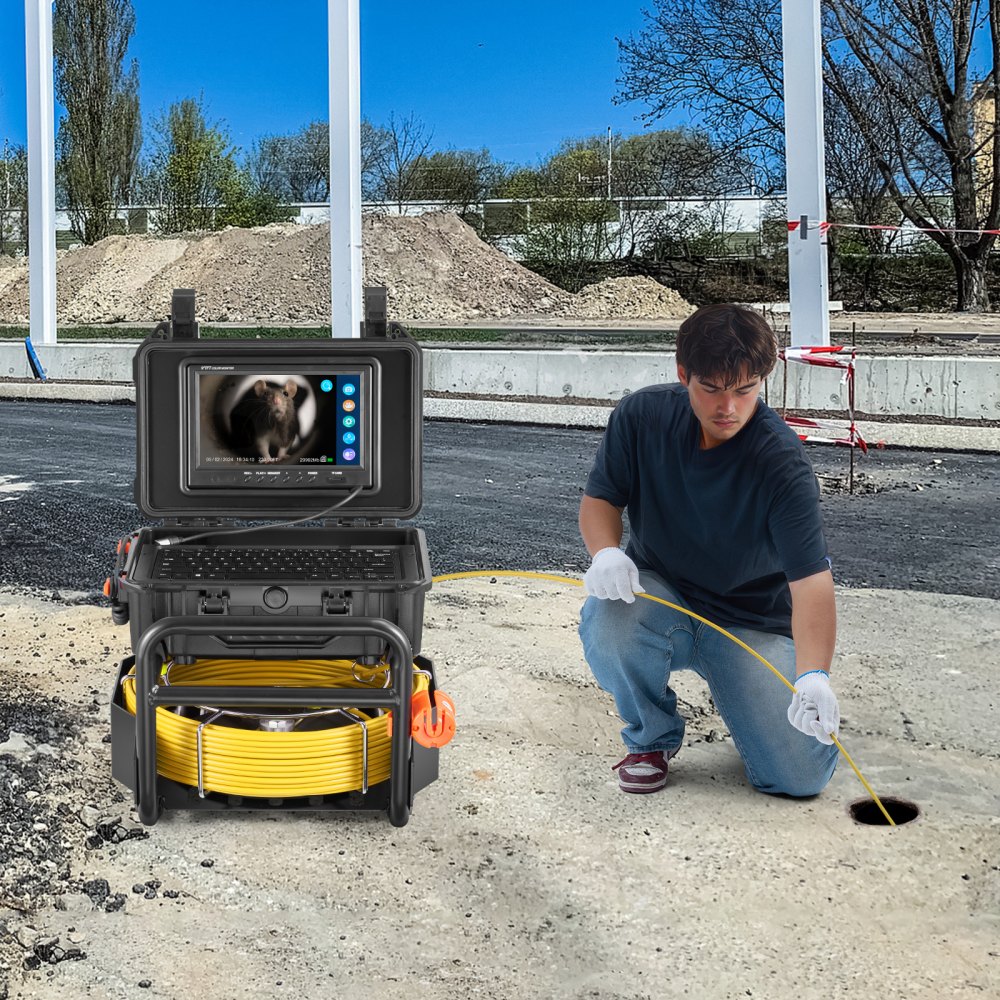 VEVOR Rioolcamera 70 m, zelfnivellerende buisinspectiecamera met 512 Hz-zender, afstandsmeter, 9-inch scherm, 1080P HD-buiscamera met 12 LED's en 32 GB-kaart voor rioolbuizen, endoscoop