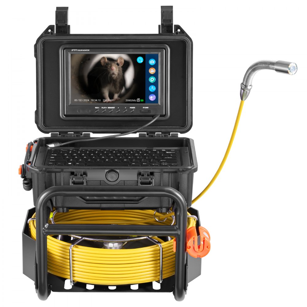 VEVOR Rioolcamera 70 m, zelfnivellerende buisinspectiecamera met 512 Hz-zender, afstandsmeter, 9-inch scherm, 1080P HD-buiscamera met 12 LED's en 32 GB-kaart voor rioolbuizen, endoscoop