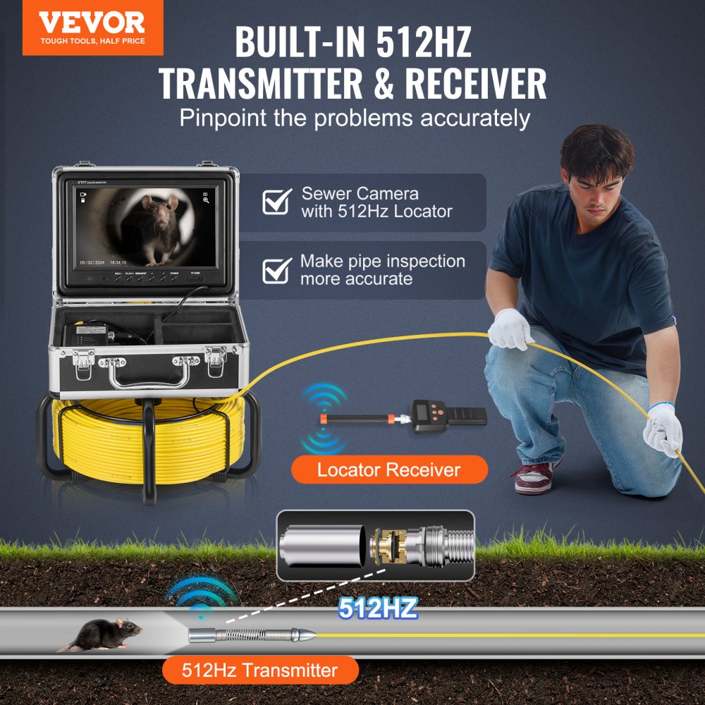 VEVOR Rioolcamera met 512Hz-locator, 50 m zelfnivellerende buisinspectiecamera met 9-inch 1080P HD-scherm, 36x zoom, buiscamera met 12 LED's, 32 GB SD-kaart, voor rioolbuizen