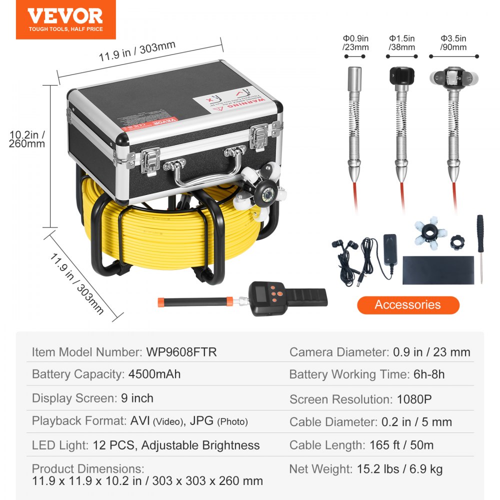 VEVOR Rioolcamera met 512Hz-locator, 50 m zelfnivellerende buisinspectiecamera met 9-inch 1080P HD-scherm, 36x zoom, buiscamera met 12 LED's, 32 GB SD-kaart, voor rioolbuizen
