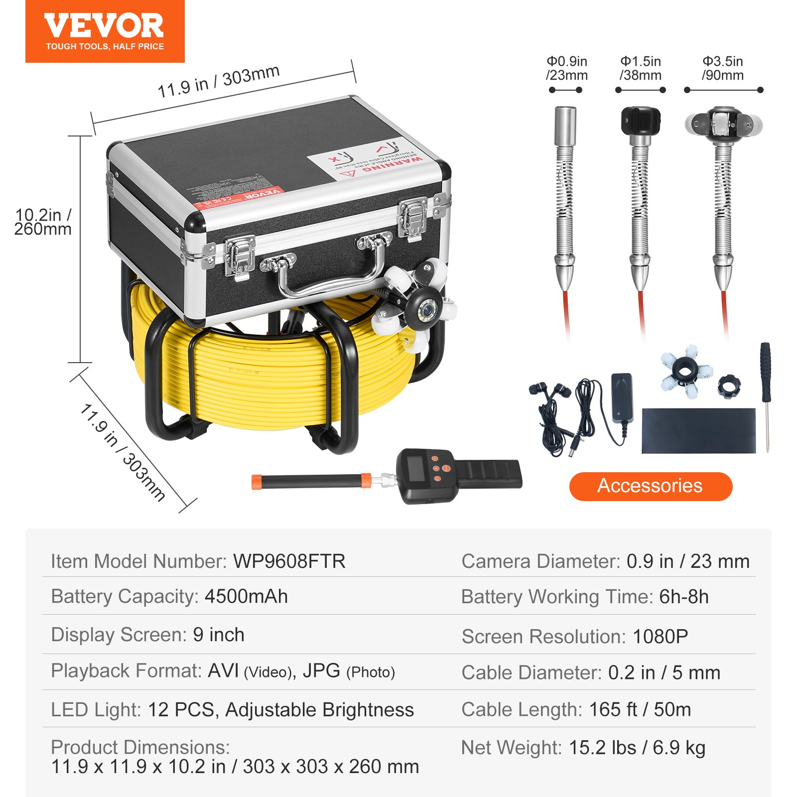 VEVOR Rioolcamera met 512Hz-locator, 50 m zelfnivellerende buisinspectiecamera met 9-inch 1080P HD-scherm, 36x zoom, buiscamera met 12 LED's, 32 GB SD-kaart, voor rioolbuizen