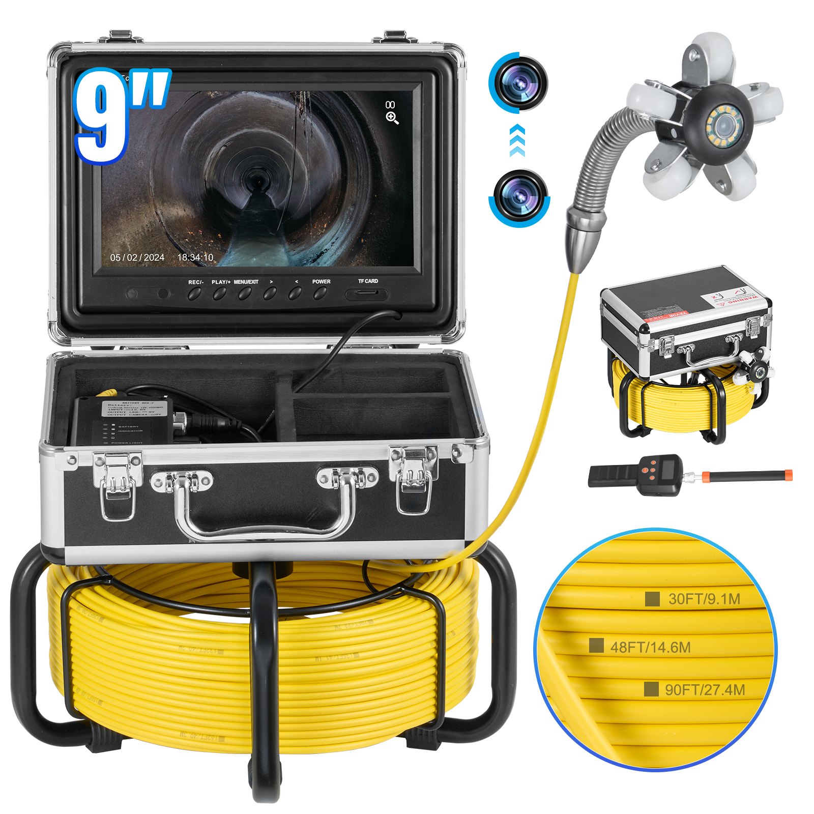 VEVOR Rioolcamera met 512Hz-locator, 50 m zelfnivellerende buisinspectiecamera met 9-inch 1080P HD-scherm, 36x zoom, buiscamera met 12 LED's, 32 GB SD-kaart, voor rioolbuizen