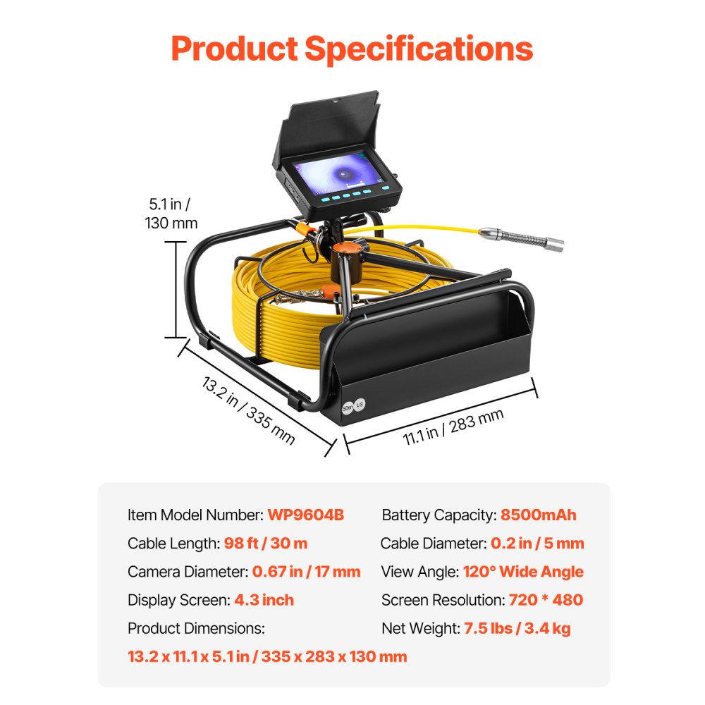 VEVOR Rioolcamera, 98 ft/30 m, 4,3-inch rioolinspectiecamera met verlichting - 6 verstelbare LED's, 16 GB-kaart, 3x zoom en 8500 mAh krachtige batterij, IP68 waterdichte loodgieterscamera voor rioolbuizen