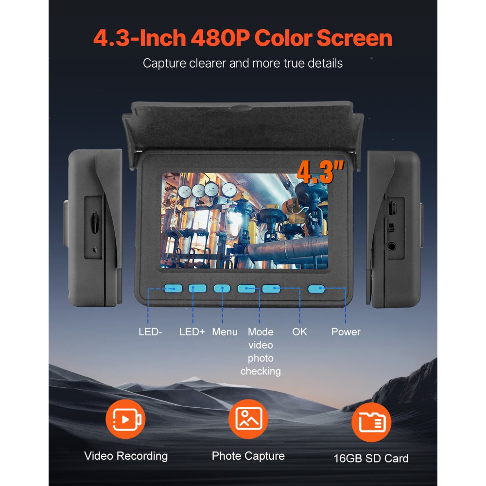 VEVOR Rioolcamera, 50 m, 10,9 cm Rioolinspectiecamera met verlichting - 6 verstelbare LED's, 16 GB kaart, 3x zoom en 8500 mAh batterij met hoge capaciteit, IP68 Rioolcamera voor Rioolbuizen