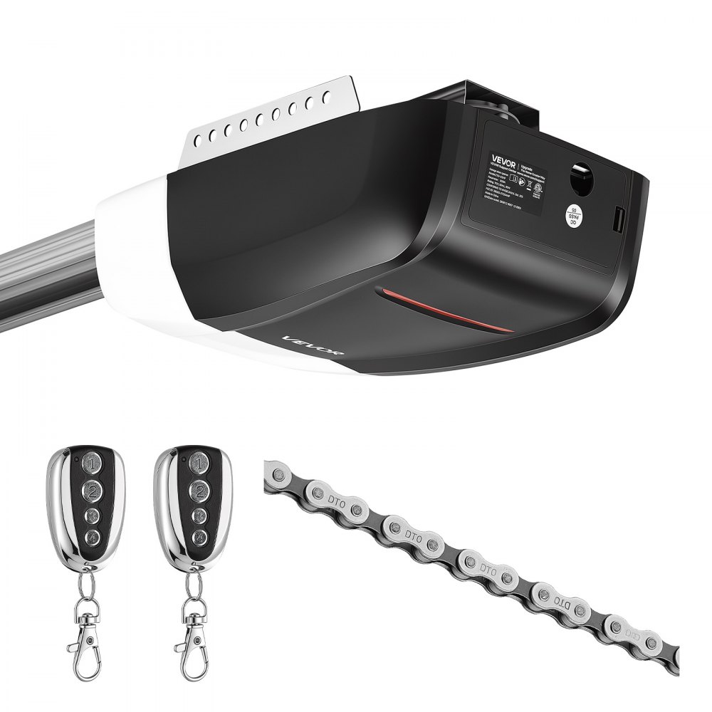 VEVOR Garagedeuropener 1000 N, krachtige kettingaandrijving, voor privégarages, 4-delig railsysteem, 2 handzenders en LED-verlichting, bediening met één knop vanuit de auto, zwart-wit