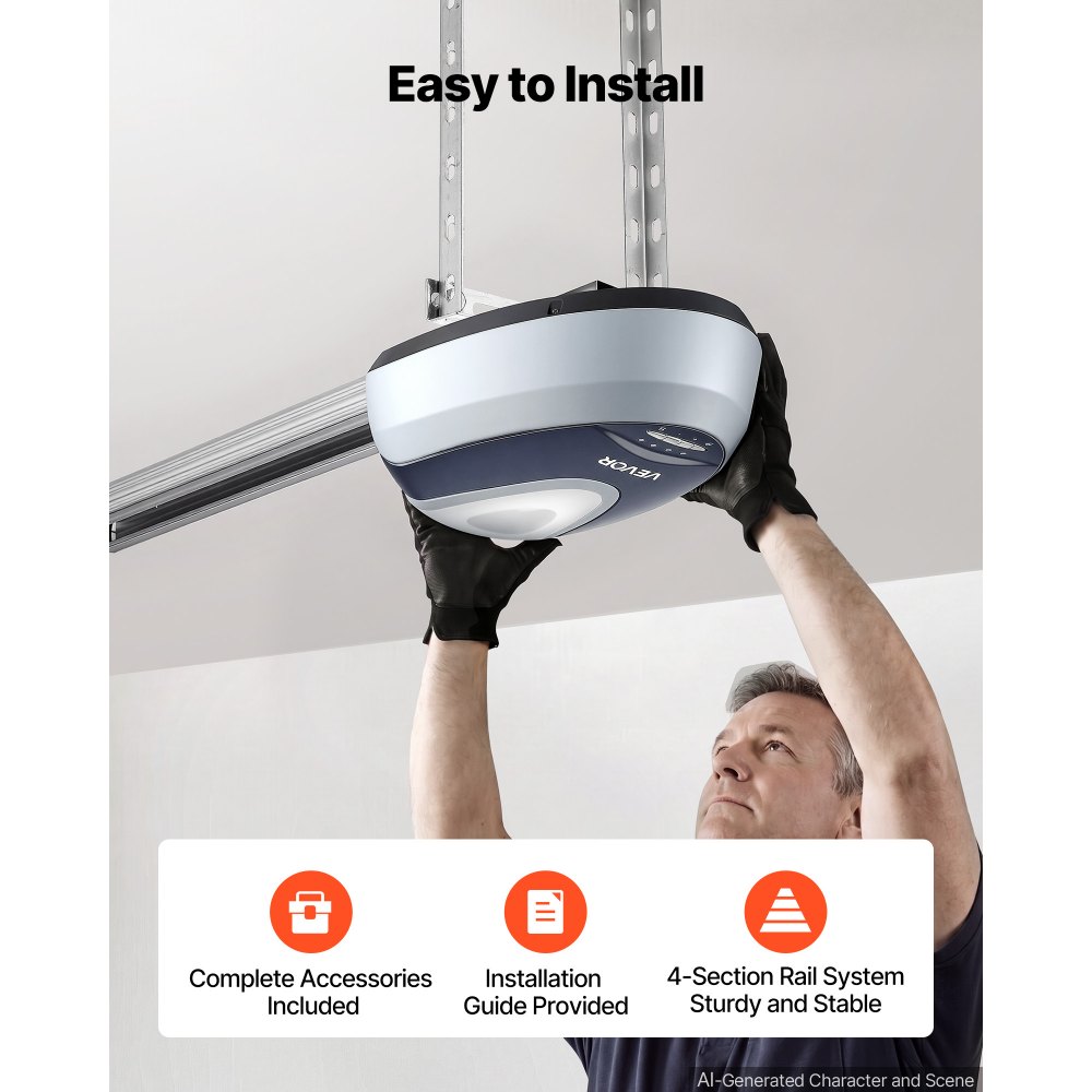 VEVOR Garagedeuropener 600 N, krachtige kettingaandrijving, voor privégarages, 4-delig railsysteem, 2 handzenders en LED-verlichting, bediening met één knop vanuit de auto, zwart-wit