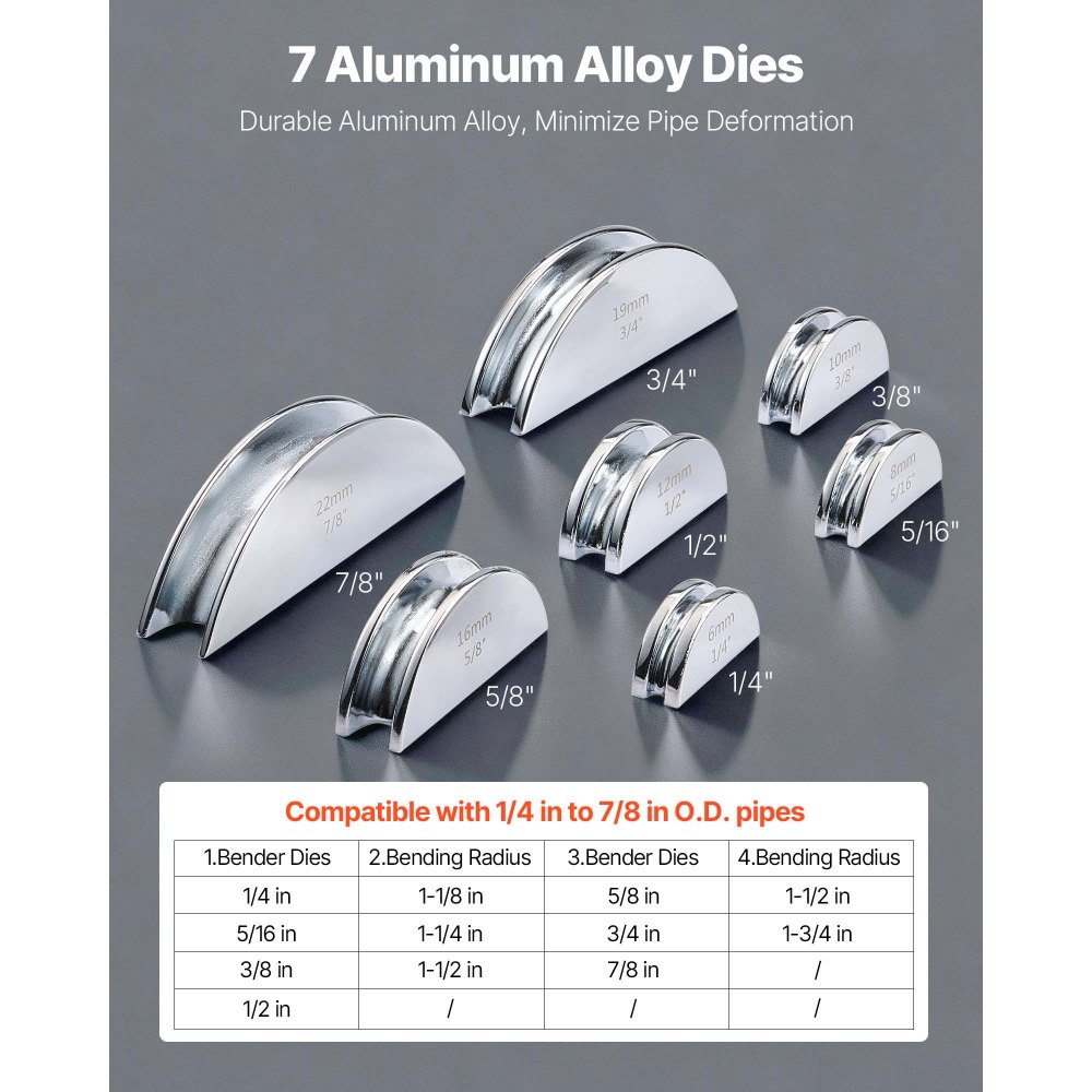 VEVOR Pijpenbuiger, 6-22 mm, Buigmachine tot 90°, Handmatig buigen (vooruit/achteruit), Pijpenbuiger met 7 buigbekken van aluminiumlegering, voor koperen leidingen in airconditioning- en koeltechniek
