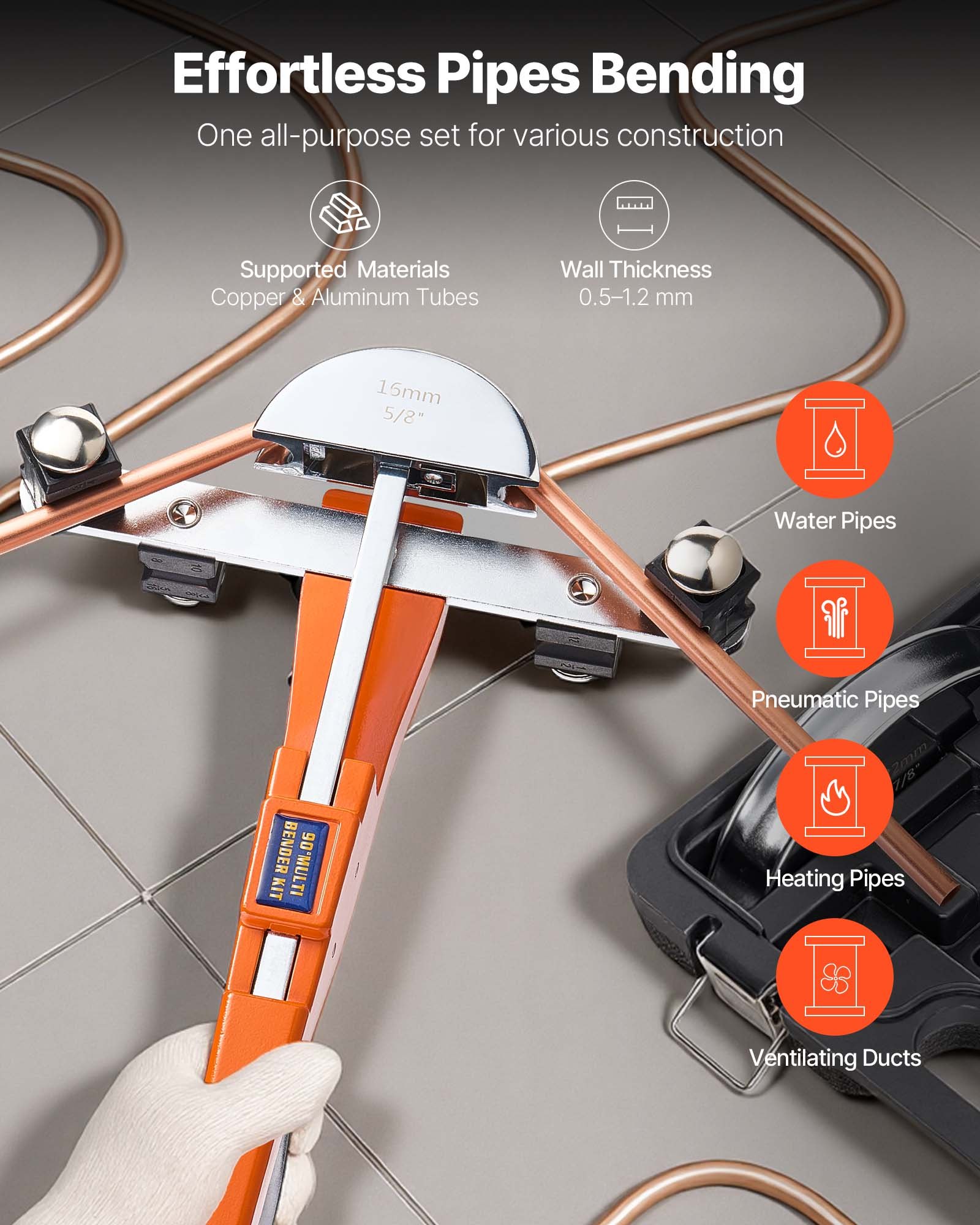 VEVOR Pijpenbuiger, 6-22 mm, Buigmachine tot 90°, Handmatig buigen (vooruit/achteruit), Pijpenbuiger met 7 buigbekken van aluminiumlegering, voor koperen leidingen in airconditioning- en koeltechniek