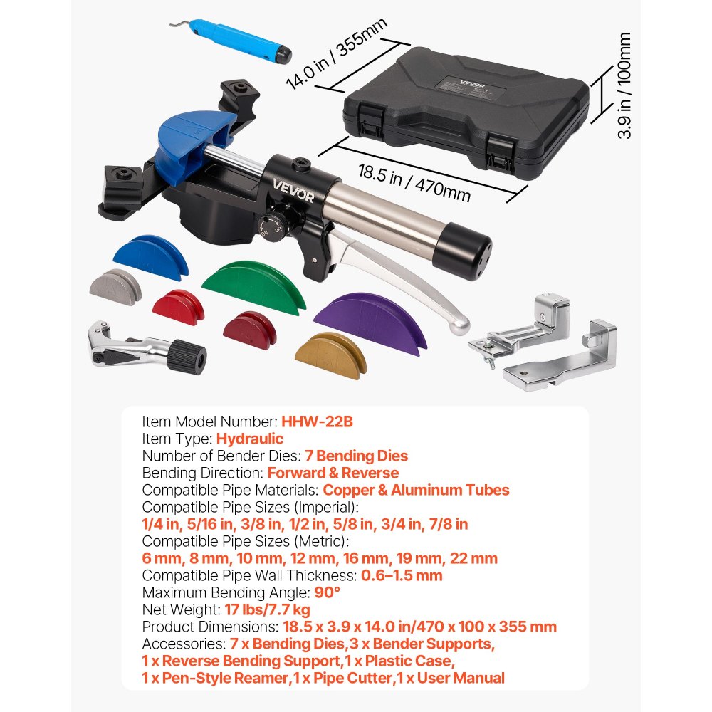 VEVOR hydraulische pijpenbuiger, 6-22 mm, pijpenbuiger, vooruit/achteruit, voor HVAC-systemen, met 7 gekleurde aluminiumlegeringsbekken, voor HVAC, airconditioning, koeling en autoreparaties.