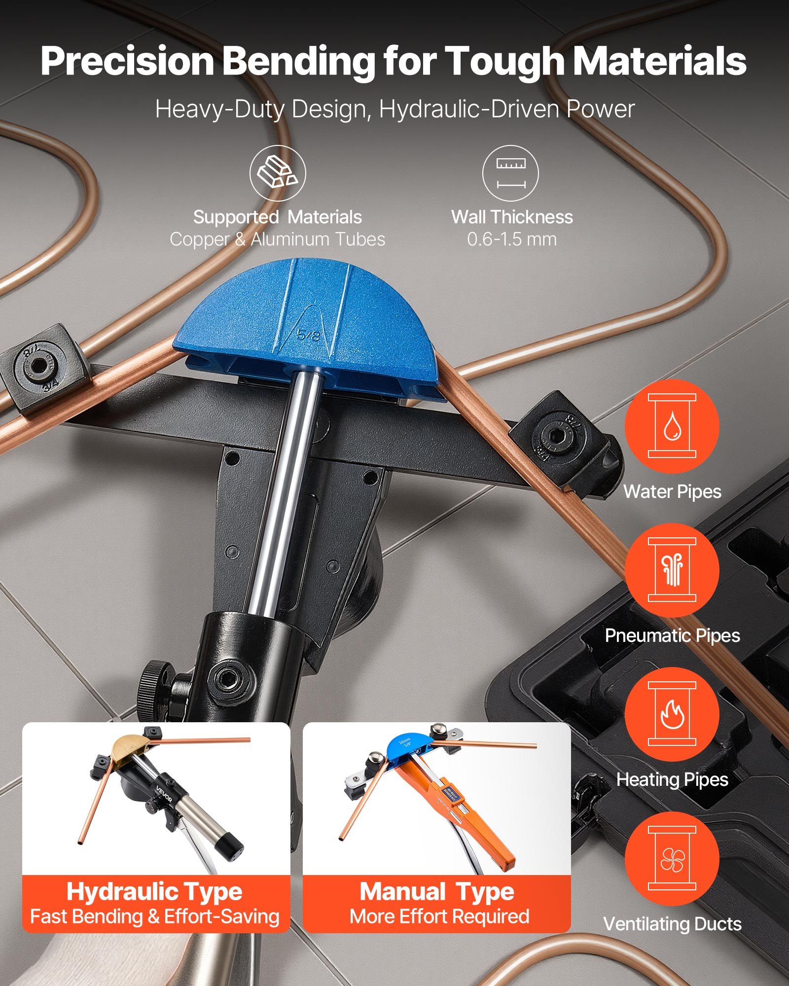 VEVOR hydraulische pijpenbuiger, 6-22 mm, 90° voorwaartse buiger, met 7 gekleurde aluminiumlegering bekken, voor reparaties in verwarming, ventilatie en airconditioning, koeling en automobieltechniek.