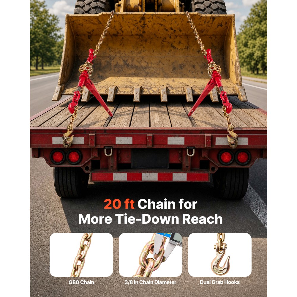 VEVOR kettingspanset, 5/16 inch spanset met een werkbelasting van 3000 kg en twee bevestigingshaken, inclusief (4) ratelspanbanden – (4) 53 cm lange kettingen van klasse 80, transportpakket voor trekken en slepen