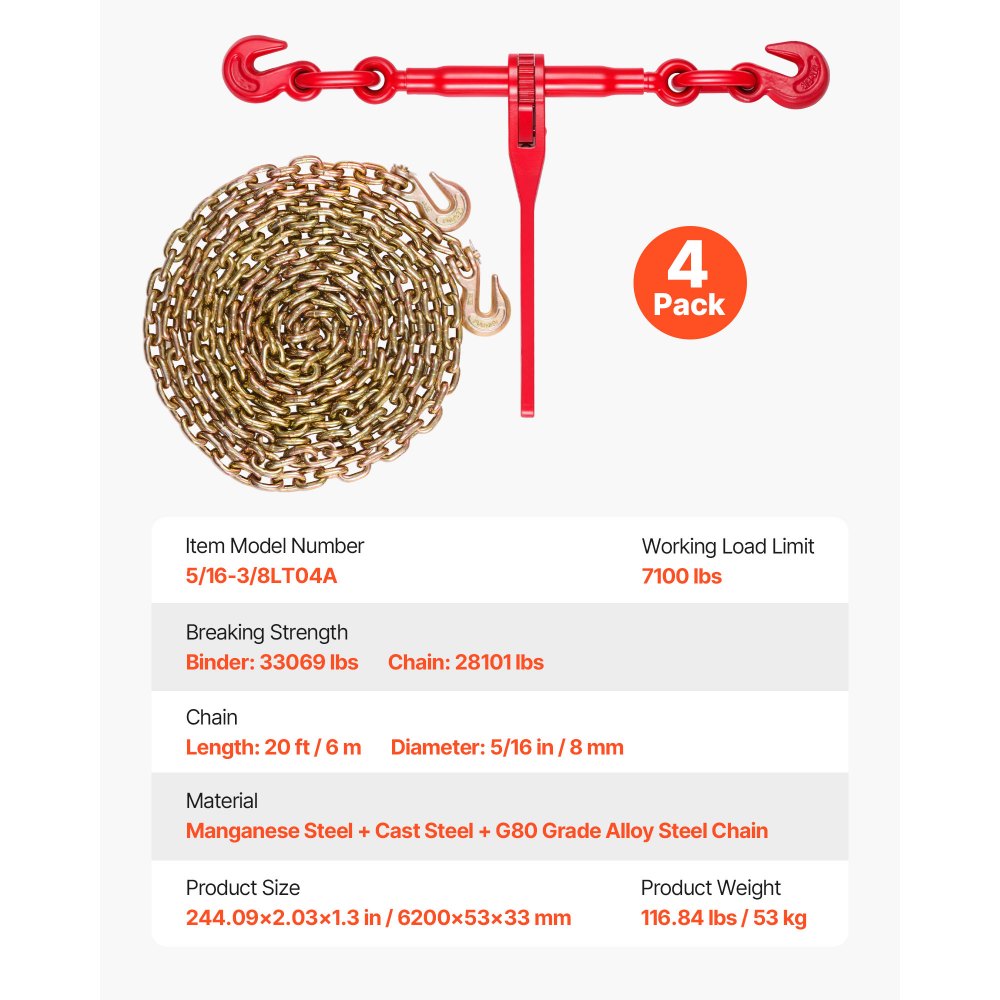 VEVOR kettingspanset, 5/16 inch spanset met een werkbelasting van 3000 kg en twee bevestigingshaken, inclusief (4) ratelspanbanden – (4) 53 cm lange kettingen van klasse 80, transportpakket voor trekken en slepen