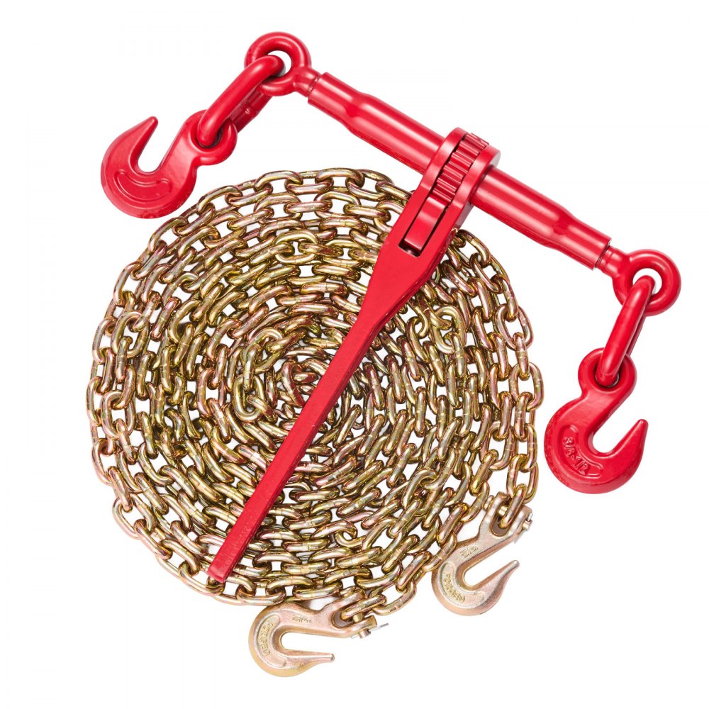 VEVOR kettingspanset, 5/16 inch spanset met een werkbelasting van 3000 kg en twee bevestigingshaken, inclusief (4) ratelspanbanden – (4) 53 cm lange kettingen van klasse 80, transportpakket voor trekken en slepen