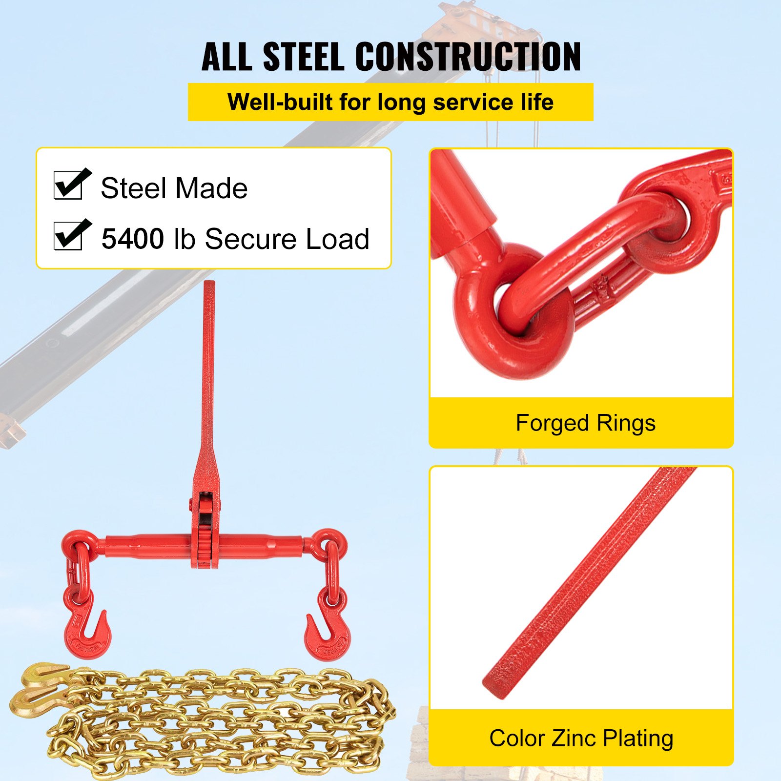 VEVOR Chain Load Binder, 5/16\" Tie Down Kit with 5400LBS Working Load Capacity and Two Grab Hooks, Includes (4) Ratchet Binders - (4) 21\' Grade 80 Chains, Transport Load Package for Hauling, Towing