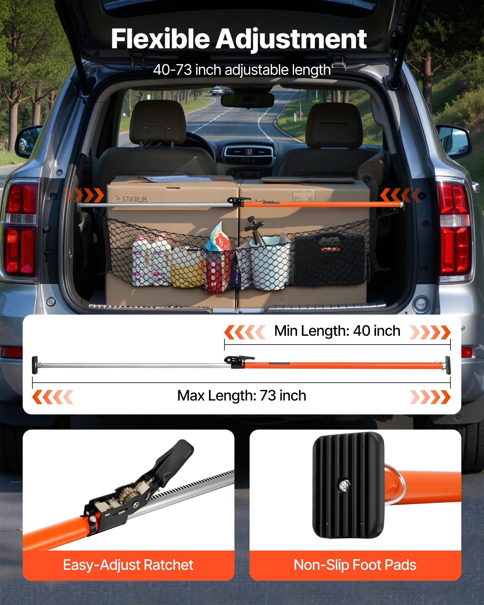 VEVOR Laadstang met ratel, verstelbaar van 1016 tot 1854 mm, stalen laadstang met laststabilisator met antislipvoeten en gaas, uitschuifbare steunstang voor pick-uptrucks en minivans