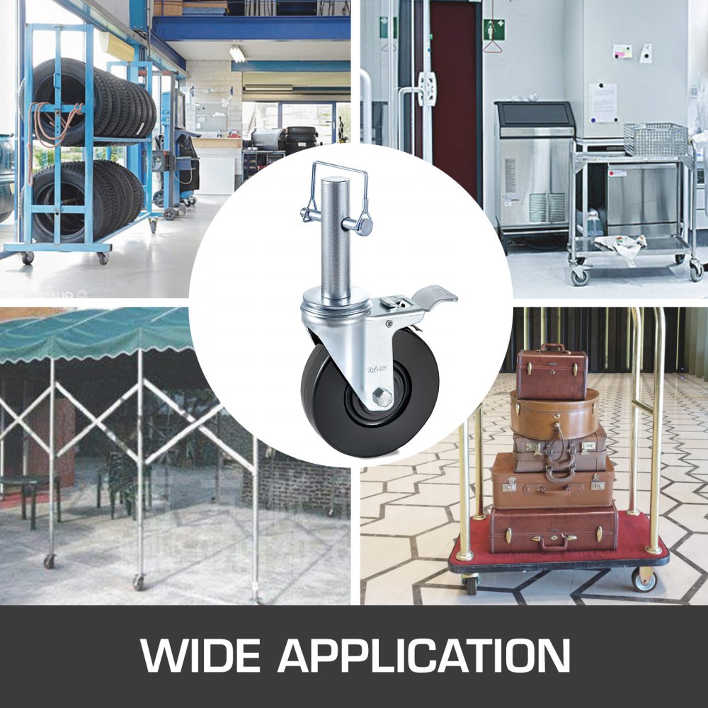 VEVOR 4 Pack 5" Scaffolding Rubber Swivel Caster Wheels with Dual Locking Heavy Duty Casters 1" Solid Round Stem 280LBS Capacity Per Wheel for Warehousing and Industrial Equipment