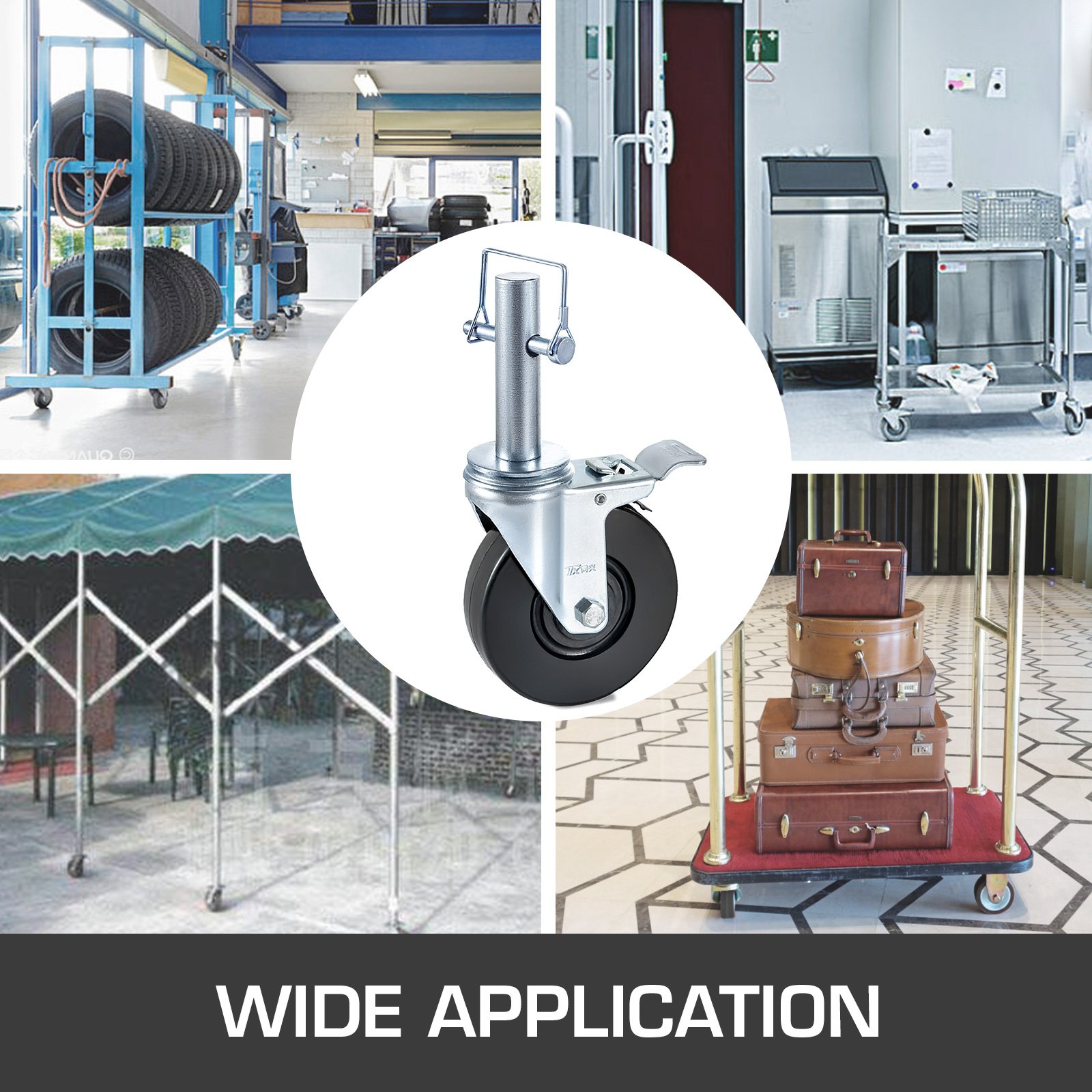 VEVOR 4 Pack 5" Scaffolding Rubber Swivel Caster Wheels with Dual Locking Heavy Duty Casters 1" Solid Round Stem 280LBS Capacity Per Wheel for Warehousing and Industrial Equipment