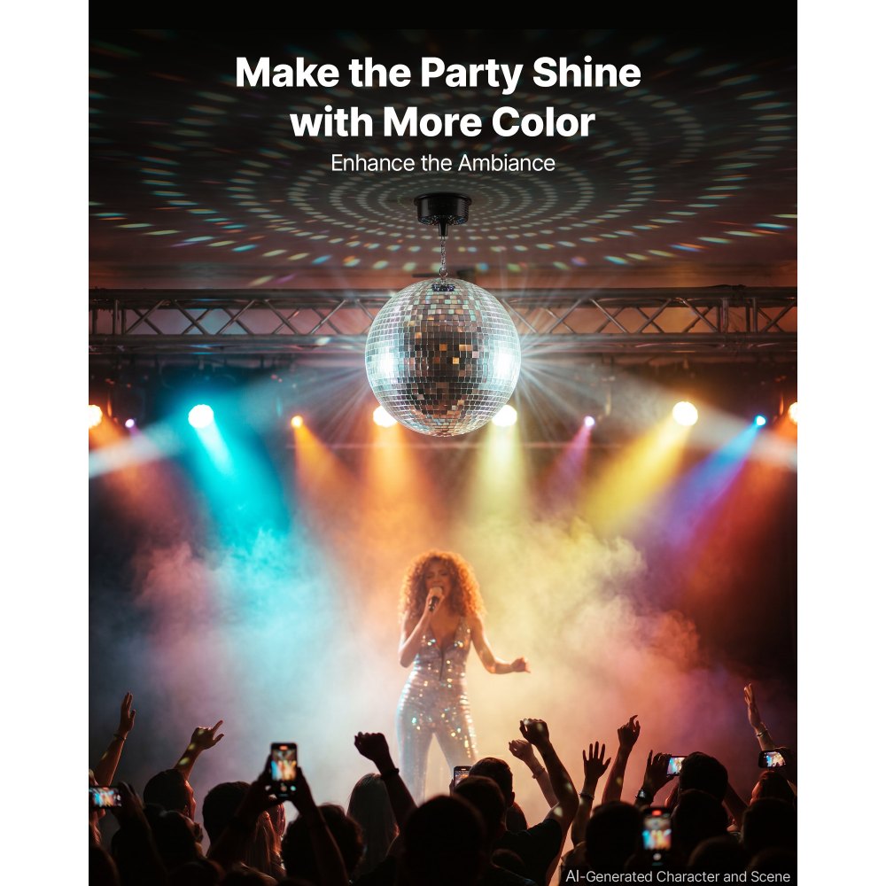 VEVOR Discobal met spiegelende lichteffecten, 300 mm, met motor, afstandsbediening en LED-verlichting, voor feesten, huisdecoratie, podia, DJ's en dansclubs. RGB-verlichting plus 3 gemengde kleuren. 0/3/6/9/12/15 toeren per minuut. Werkt op USB-aansluiting en batterijen.