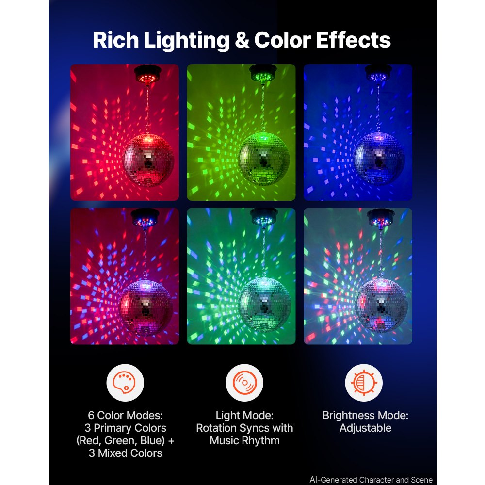 VEVOR Discobal met spiegelende lichteffecten, 300 mm, met motor, afstandsbediening en LED-verlichting, voor feesten, huisdecoratie, podia, DJ's en dansclubs. RGB-verlichting plus 3 gemengde kleuren. 0/3/6/9/12/15 toeren per minuut. Werkt op USB-aansluiting en batterijen.