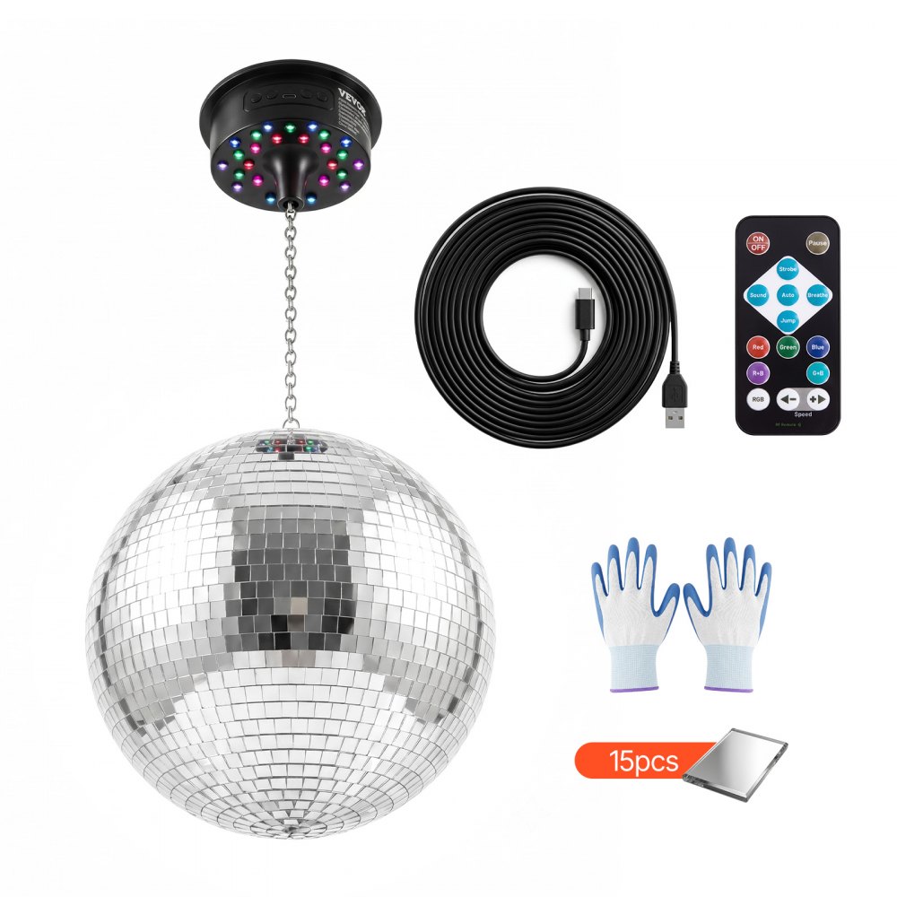 VEVOR Discobal met spiegelende lichteffecten, 300 mm, met motor, afstandsbediening en LED-verlichting, voor feesten, huisdecoratie, podia, DJ's en dansclubs. RGB-verlichting plus 3 gemengde kleuren. 0/3/6/9/12/15 toeren per minuut. Werkt op USB-aansluiting en batterijen.