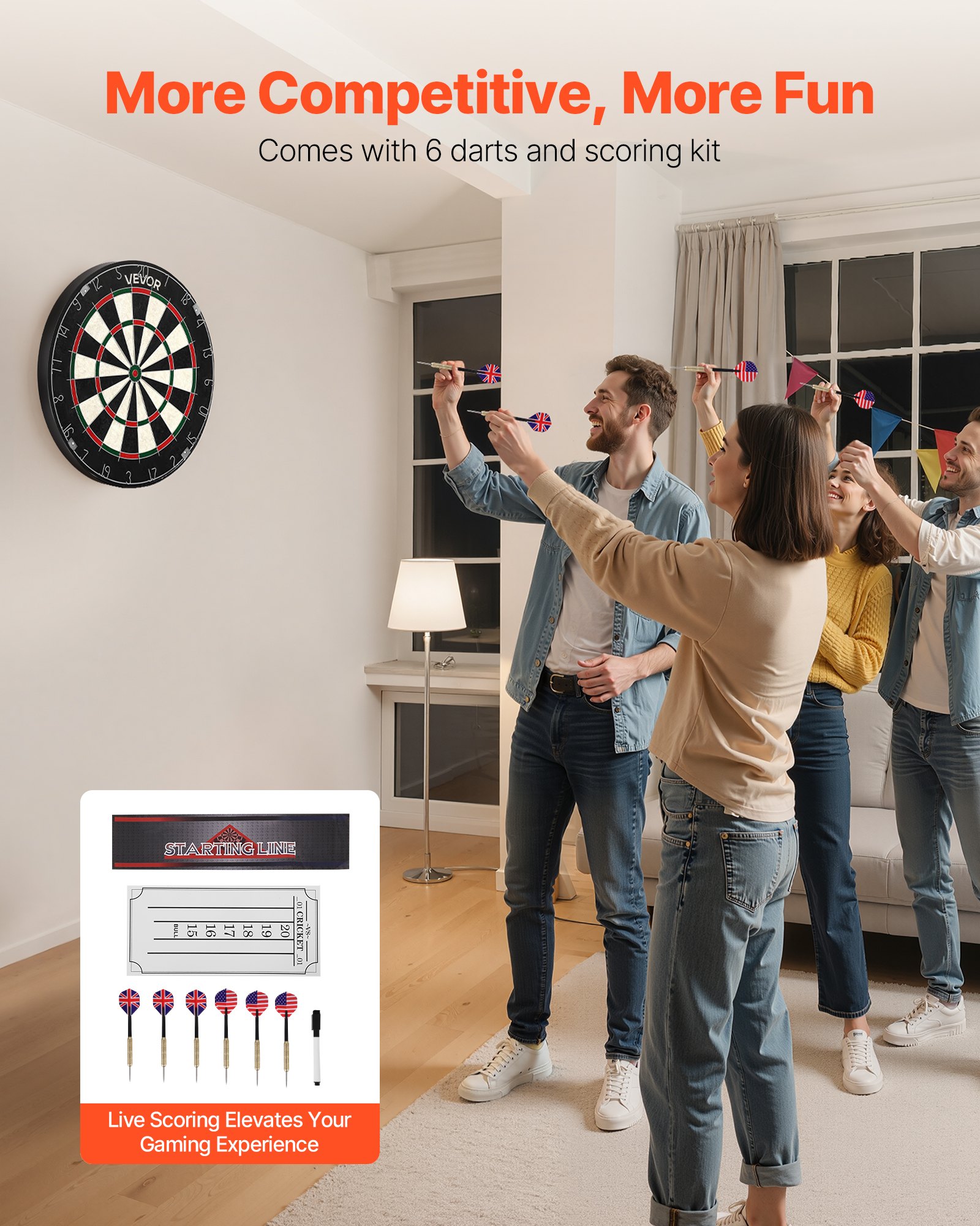 VEVOR Dartboard with 6 Darts & Scoring Kit, Self-Healing Sisal Fibers Dartboard with Staple-Free Bullseye & Rotating Number Ring, 451mm Professional Steel Tip Dart Board Set for Home Party Game Room