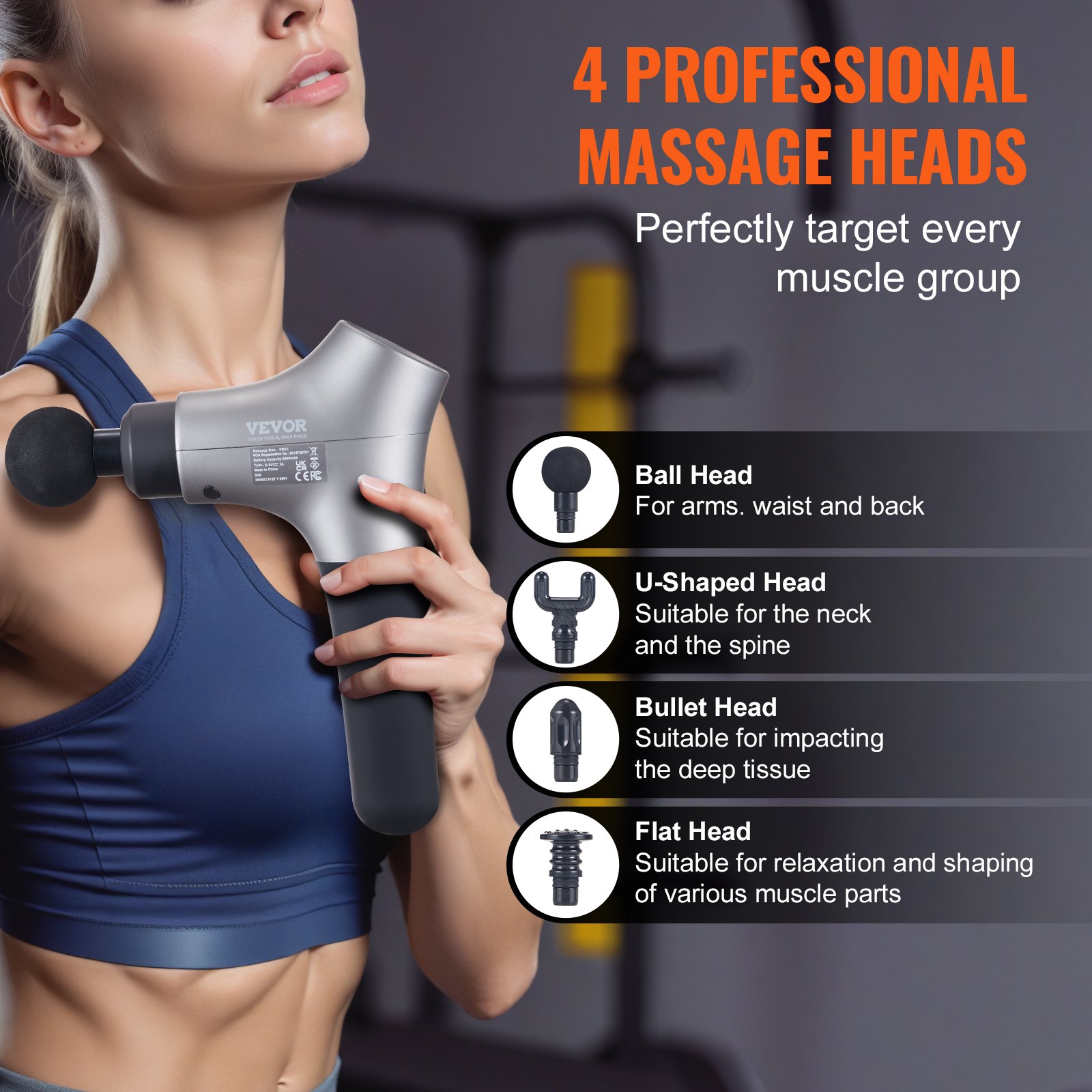 VEVOR Massage Gun Deep Tissue, Percussion Muscle Massage Gun for Athletes - with 6 Speed Levels & 4 Massage Heads, 12V 2500mAh Batteries, Handheld Mini Massage Gun for Pain Relief, Muscle Relaxation